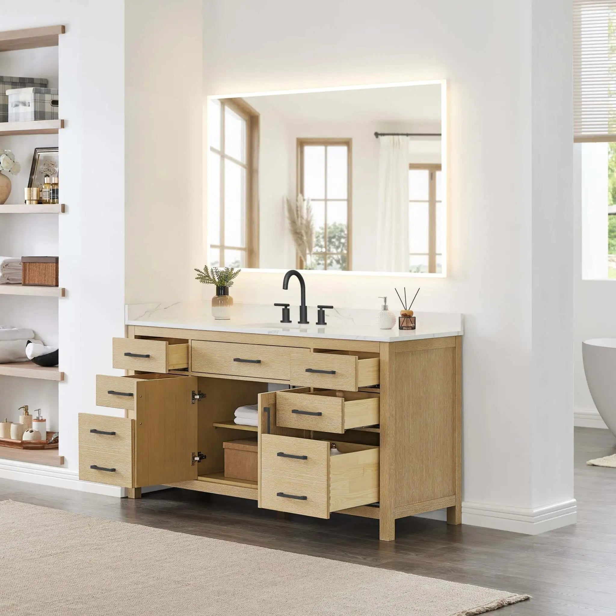 66" Beckett Single Bathroom Vanity in Whitewashed Oak with Matte Black Trim by Wyndham