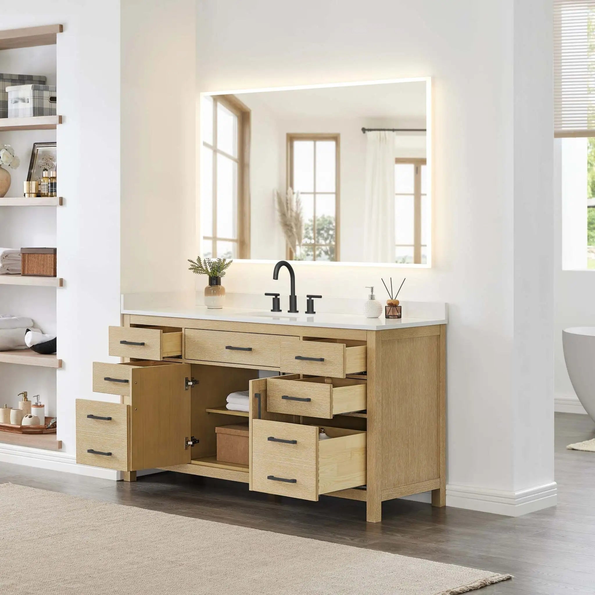 66" Beckett Single Bathroom Vanity in Whitewashed Oak with Matte Black Trim by Wyndham