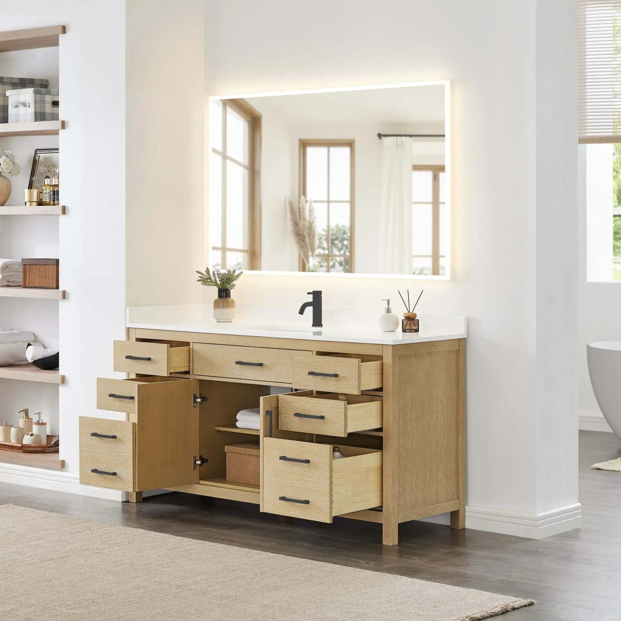 66" Beckett Single Bathroom Vanity in Whitewashed Oak with Matte Black Trim by Wyndham