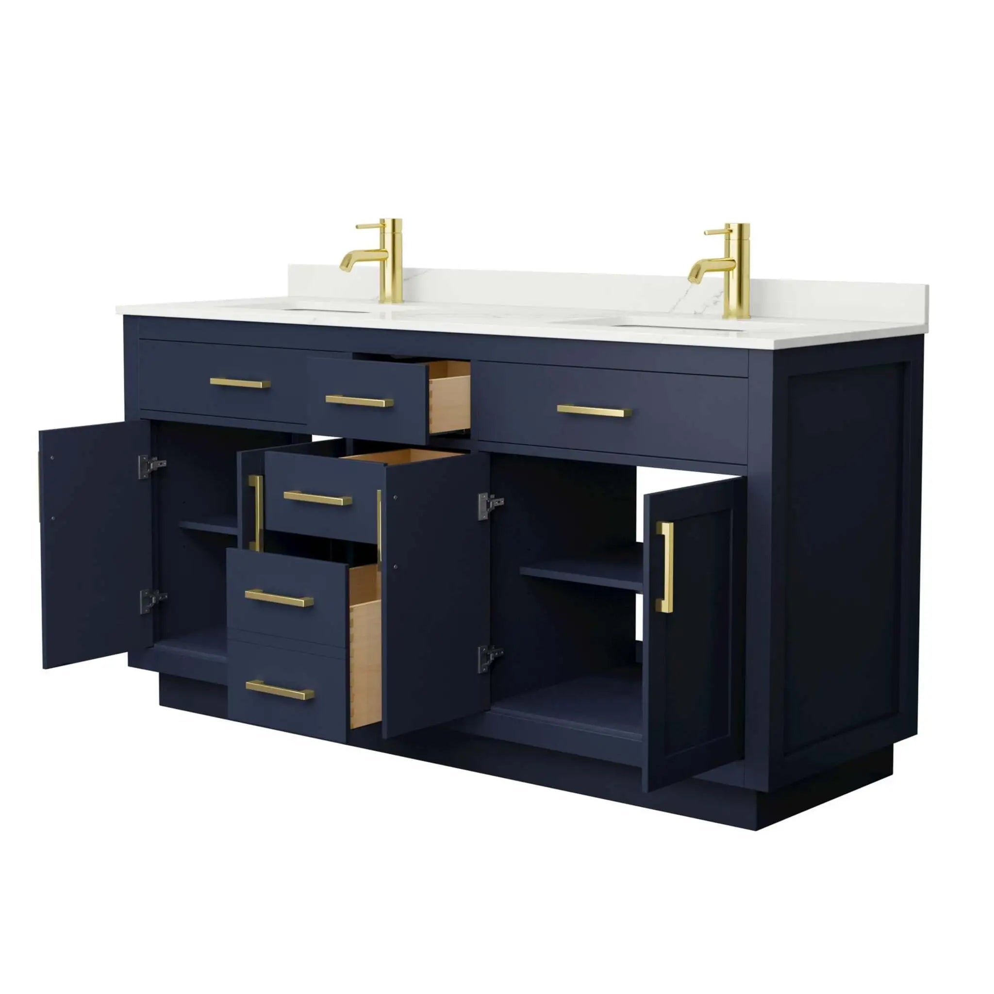 66" Beckett TK Beckett Double Bathroom Vanity with Toe Kick in Dark Blue with Brushed Gold Trim by Wyndham
