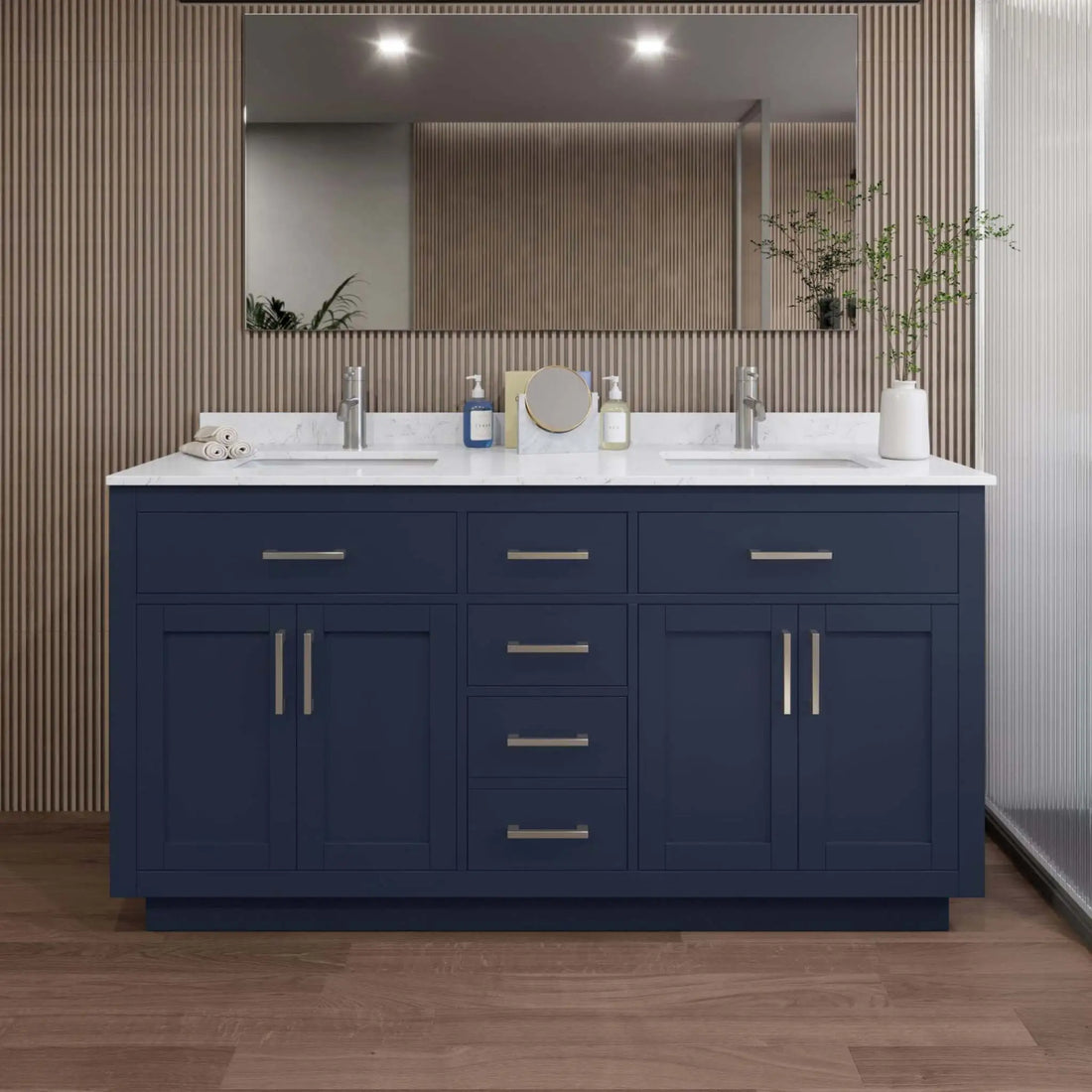 66" Beckett TK Beckett Double Bathroom Vanity with Toe Kick in Dark Blue with Brushed Nickel Trim by Wyndham