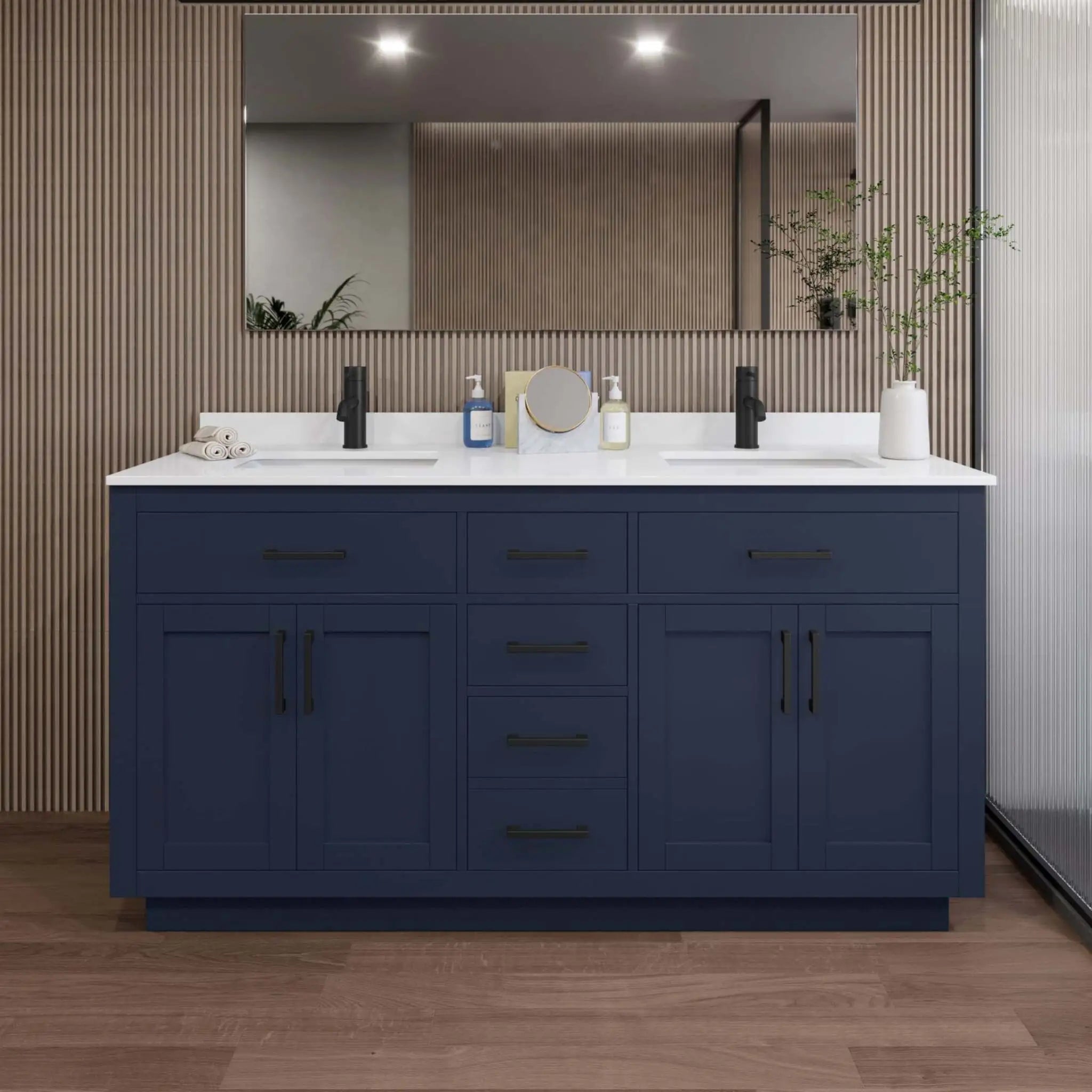 66" Beckett TK Beckett Double Bathroom Vanity with Toe Kick in Dark Blue with Matte Black Trim by Wyndham