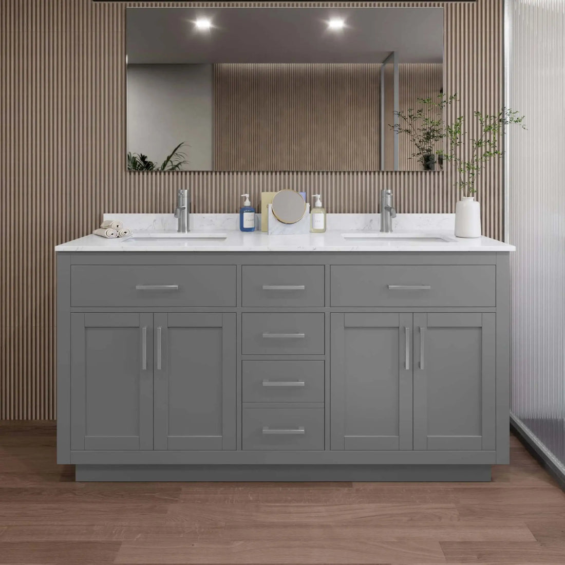 66" Beckett TK Beckett Double Bathroom Vanity with Toe Kick in Dark Gray with Brushed Nickel Trim by Wyndham
