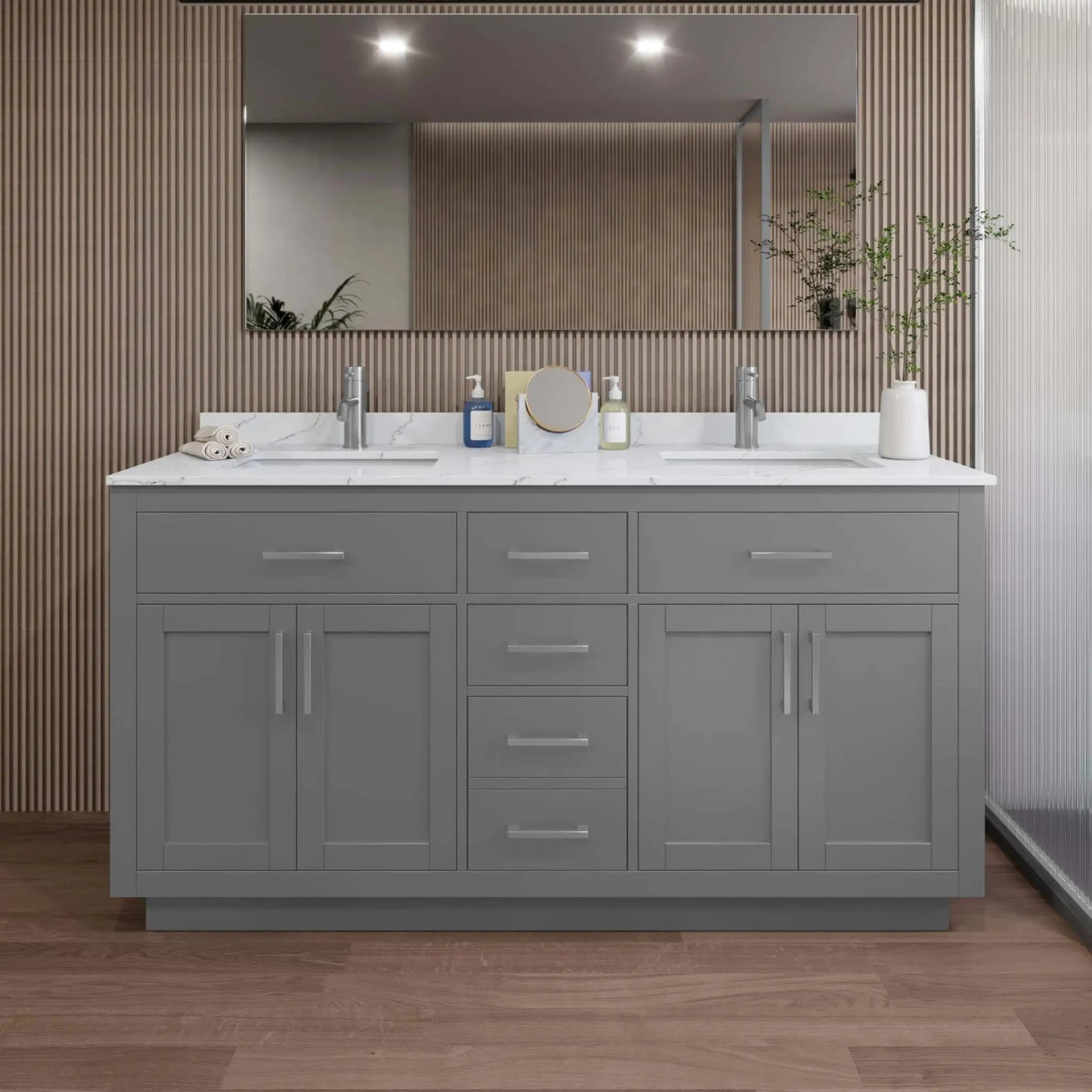 66" Beckett TK Beckett Double Bathroom Vanity with Toe Kick in Dark Gray with Brushed Nickel Trim by Wyndham