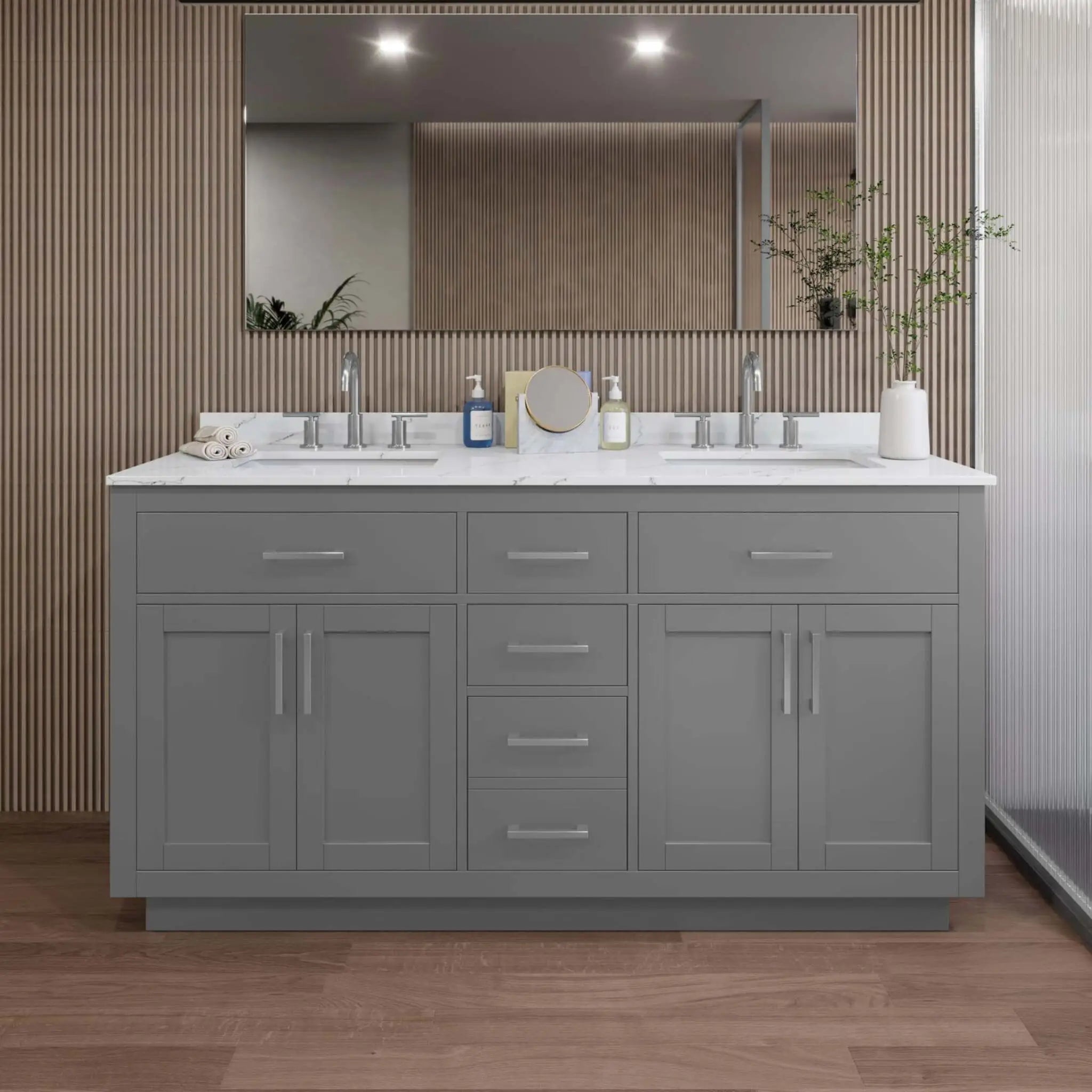 66" Beckett TK Beckett Double Bathroom Vanity with Toe Kick in Dark Gray with Brushed Nickel Trim by Wyndham