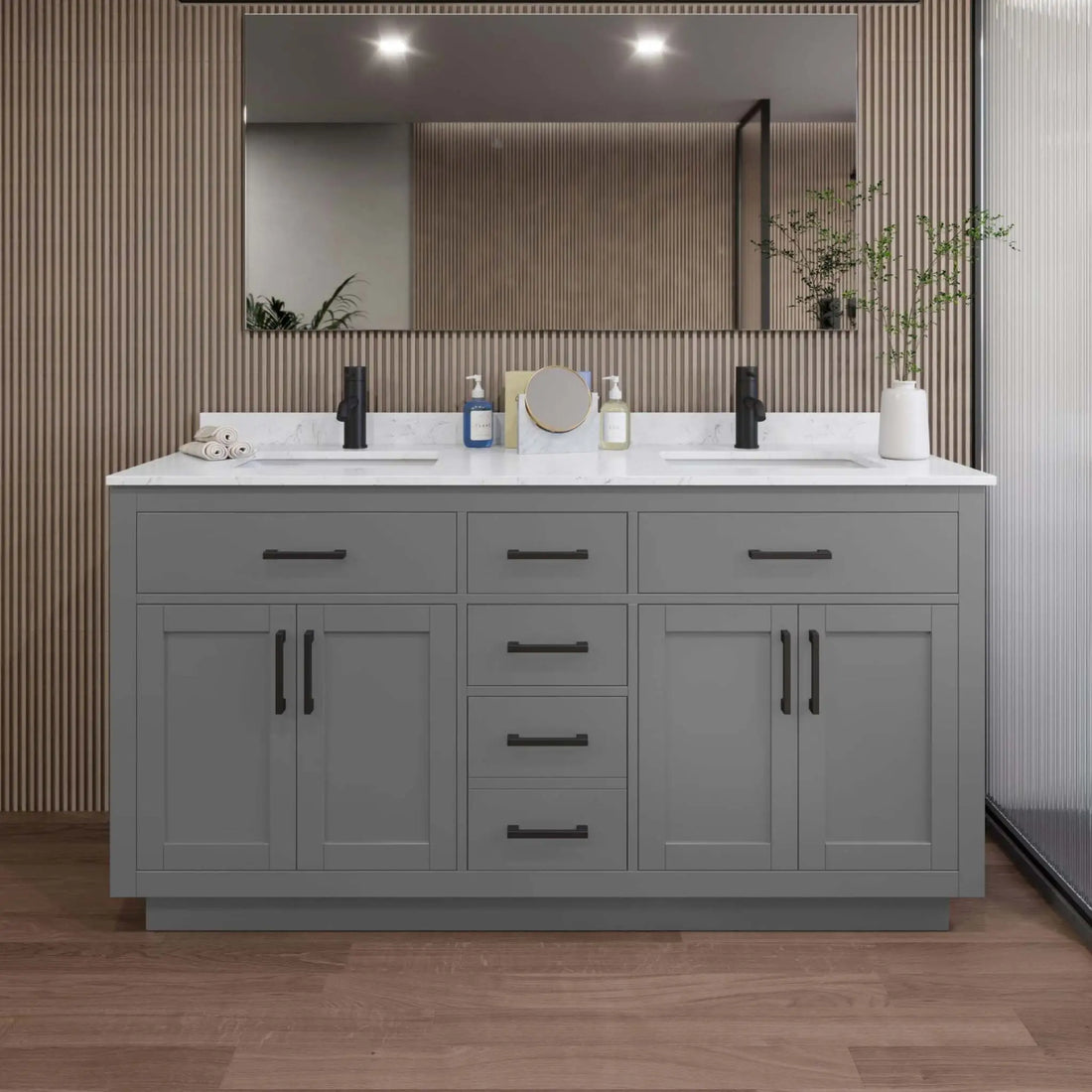 66" Beckett TK Beckett Double Bathroom Vanity with Toe Kick in Dark Gray with Matte Black Trim by Wyndham