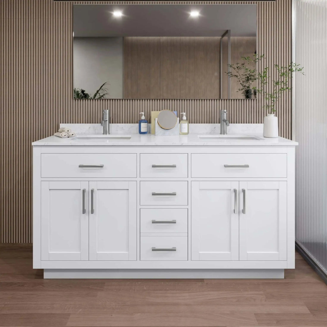 66" Beckett TK Beckett Double Bathroom Vanity with Toe Kick in White with Brushed Nickel Trim by Wyndham