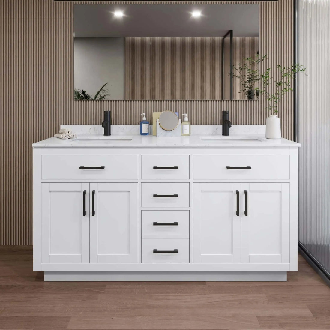 66" Beckett TK Beckett Double Bathroom Vanity with Toe Kick in White with Matte Black Trim by Wyndham