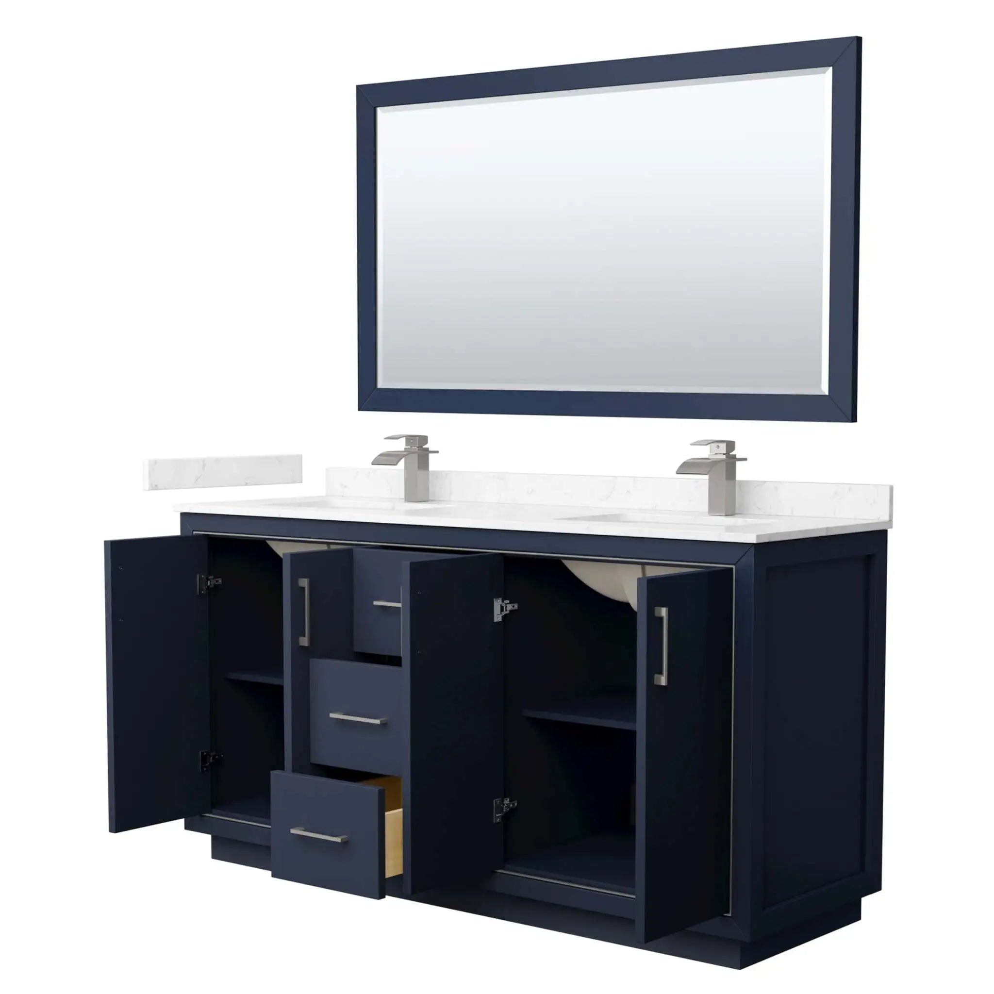 66" Icon Double Bathroom Vanity in Dark Blue with Brushed Nickel Trim & 58" Mirror by Wyndham