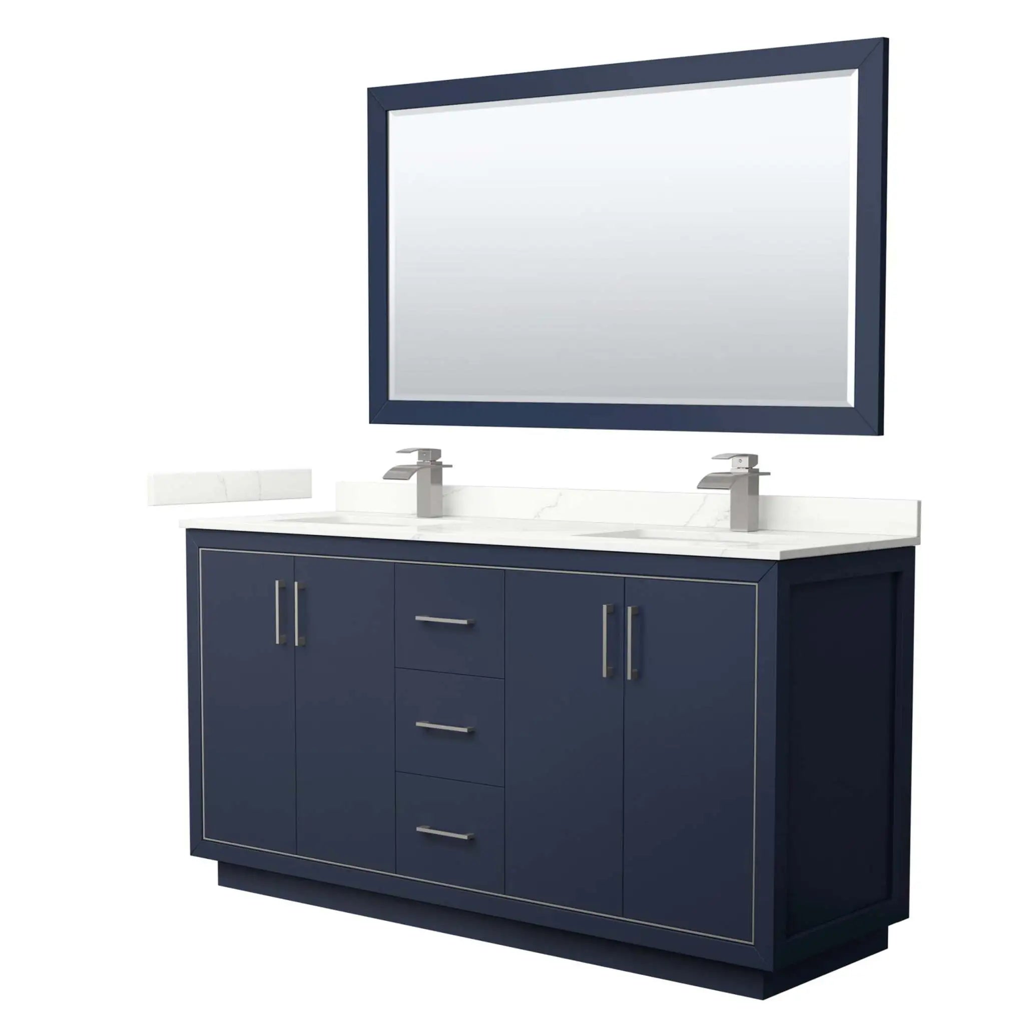 66" Icon Double Bathroom Vanity in Dark Blue with Brushed Nickel Trim & 58" Mirror by Wyndham