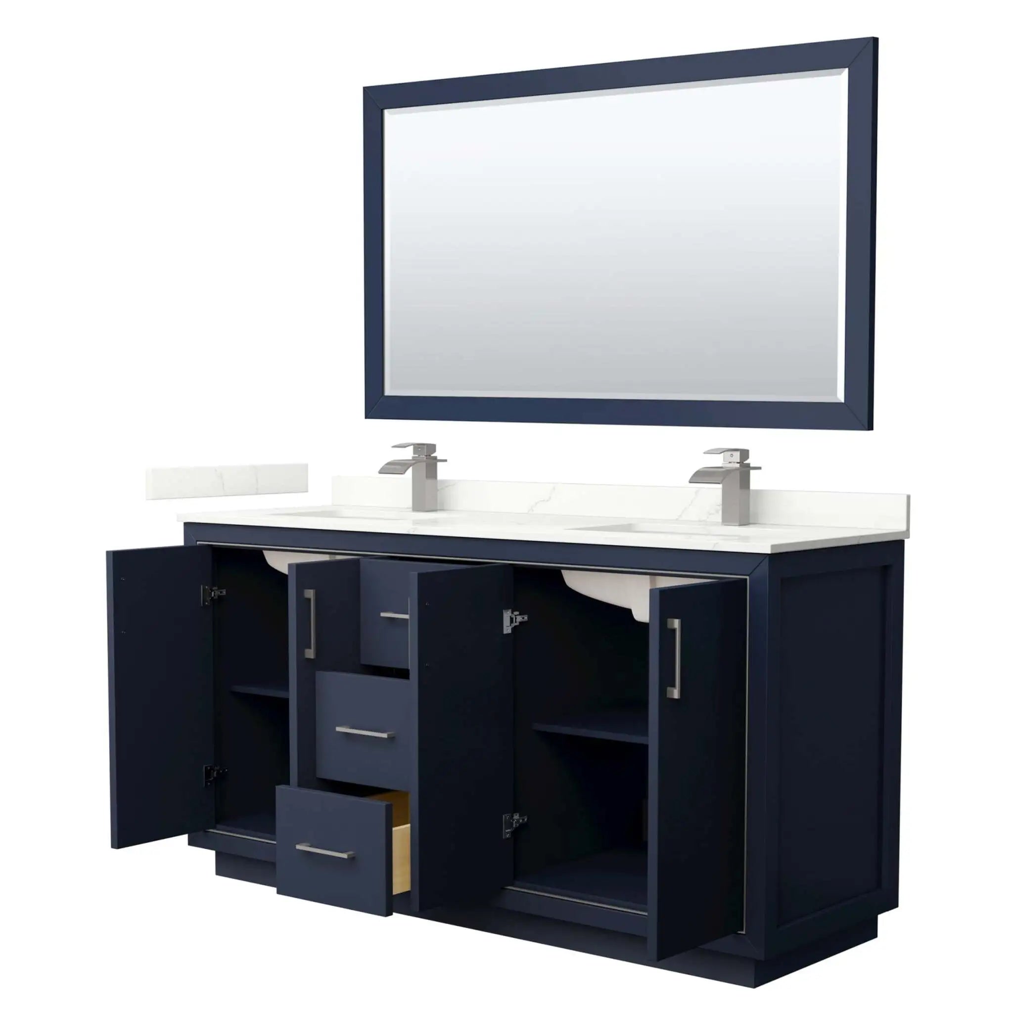 66" Icon Double Bathroom Vanity in Dark Blue with Brushed Nickel Trim & 58" Mirror by Wyndham