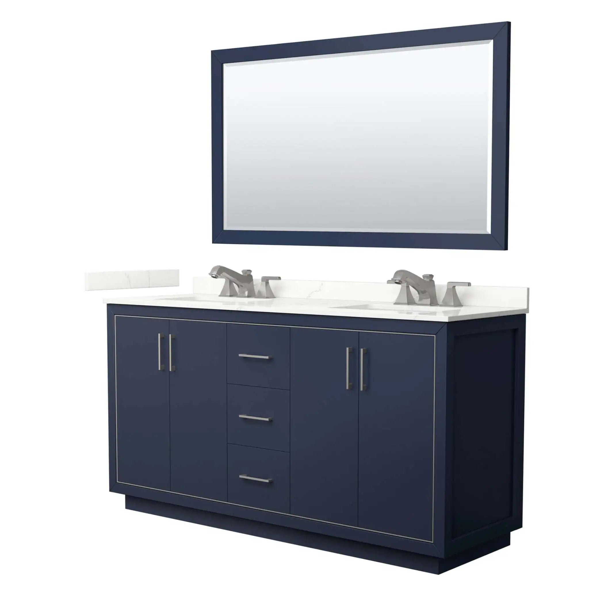 66" Icon Double Bathroom Vanity in Dark Blue with Brushed Nickel Trim & 58" Mirror by Wyndham