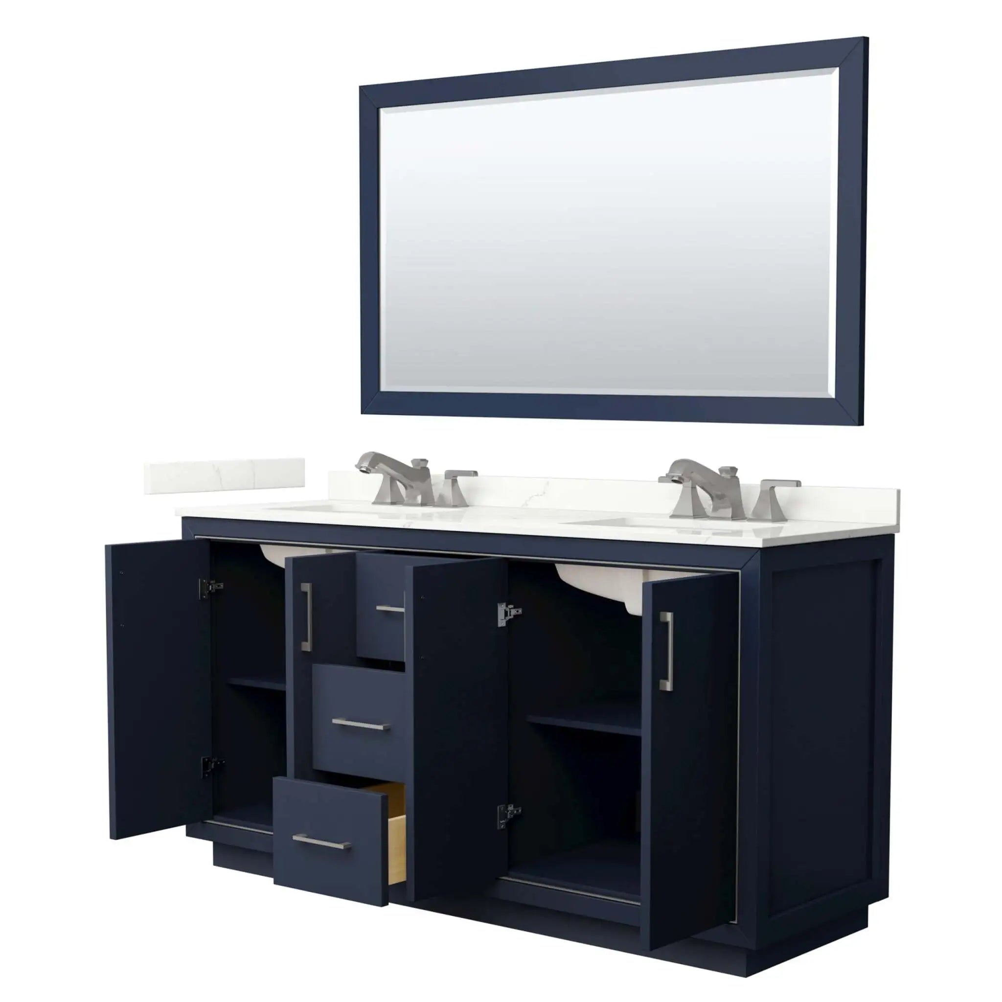 66" Icon Double Bathroom Vanity in Dark Blue with Brushed Nickel Trim & 58" Mirror by Wyndham