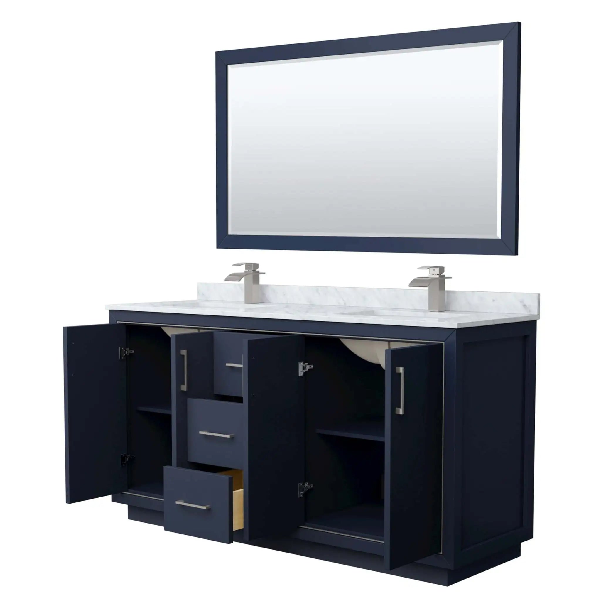 66" Icon Double Bathroom Vanity in Dark Blue with Brushed Nickel Trim & 58" Mirror by Wyndham