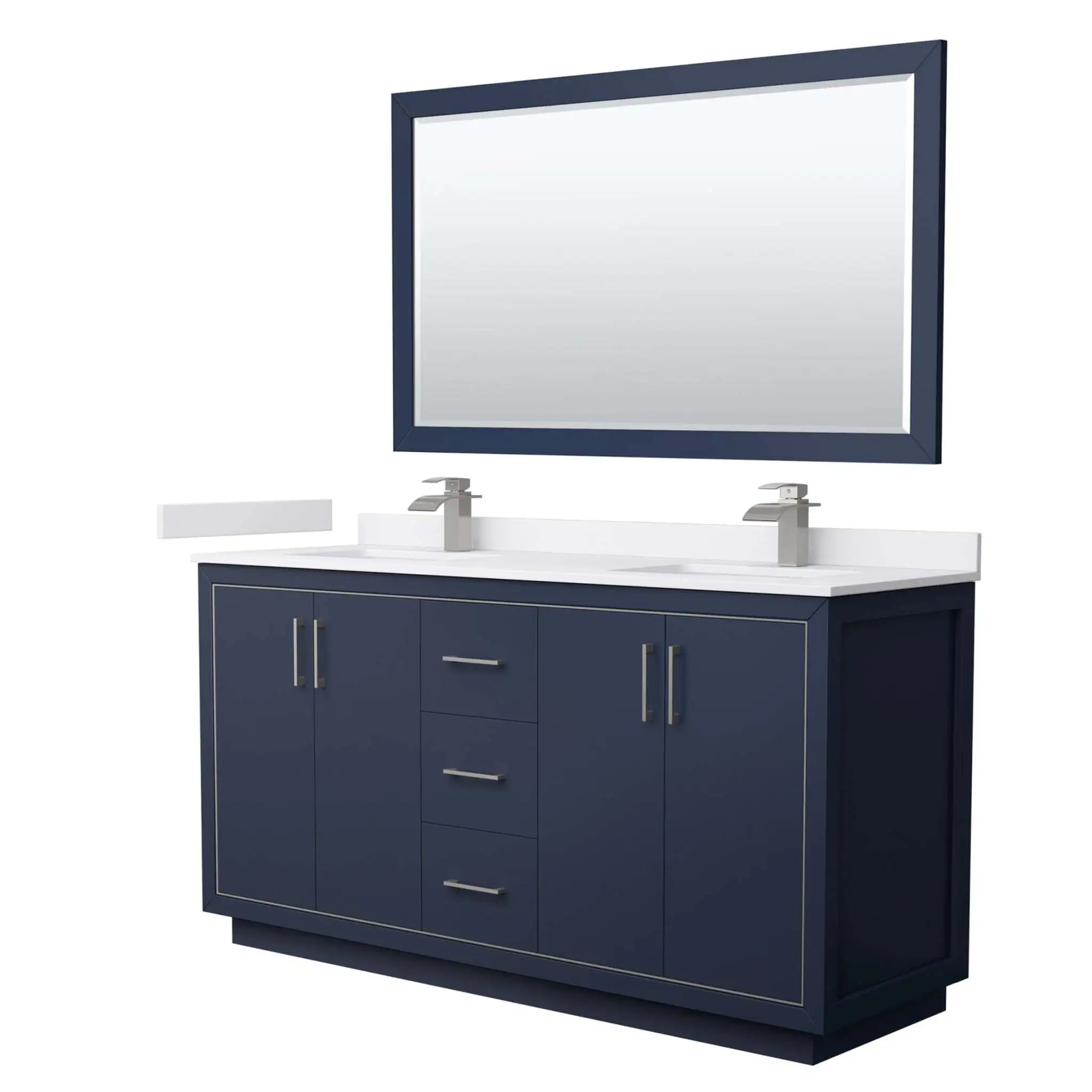 66" Icon Double Bathroom Vanity in Dark Blue with Brushed Nickel Trim & 58" Mirror by Wyndham