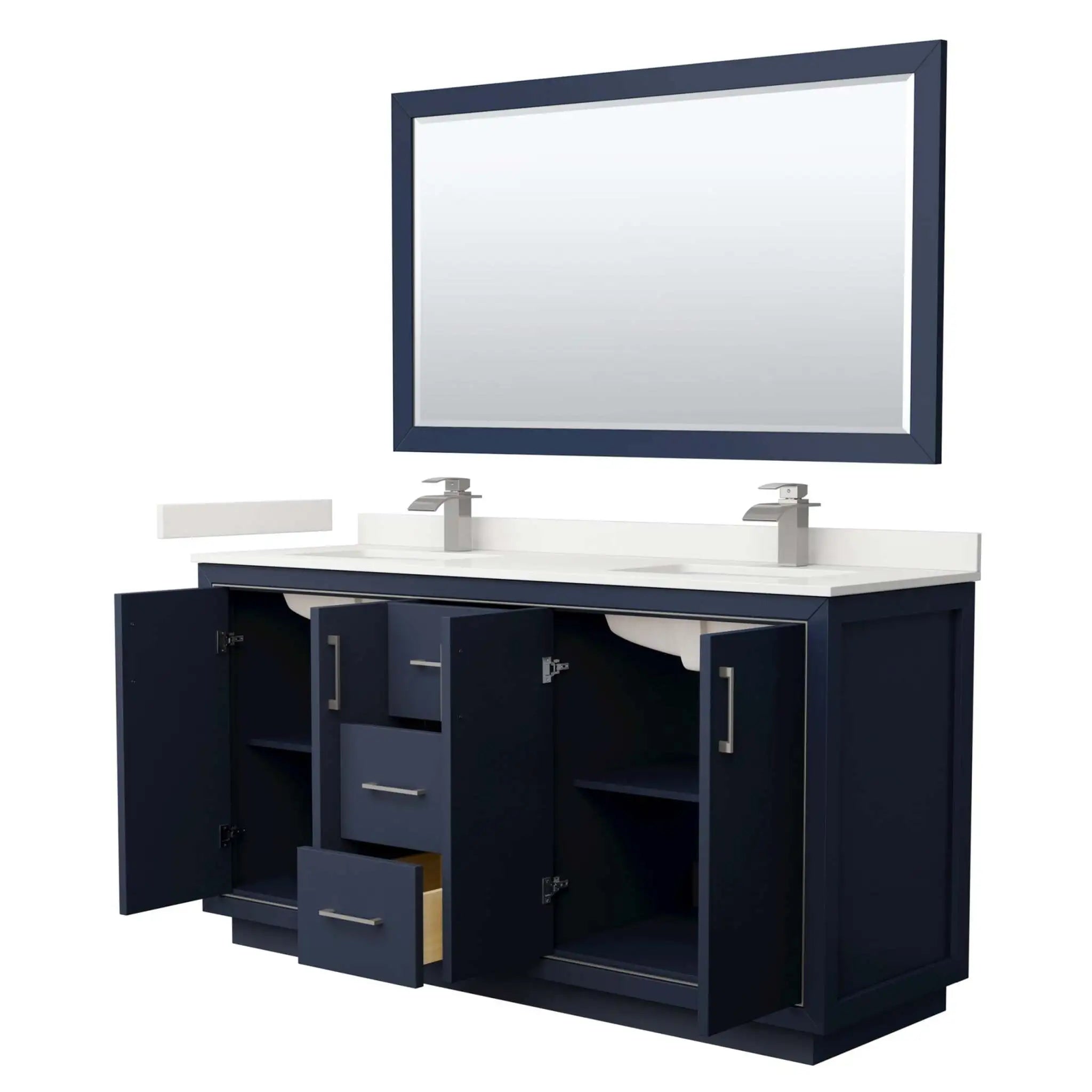 66" Icon Double Bathroom Vanity in Dark Blue with Brushed Nickel Trim & 58" Mirror by Wyndham