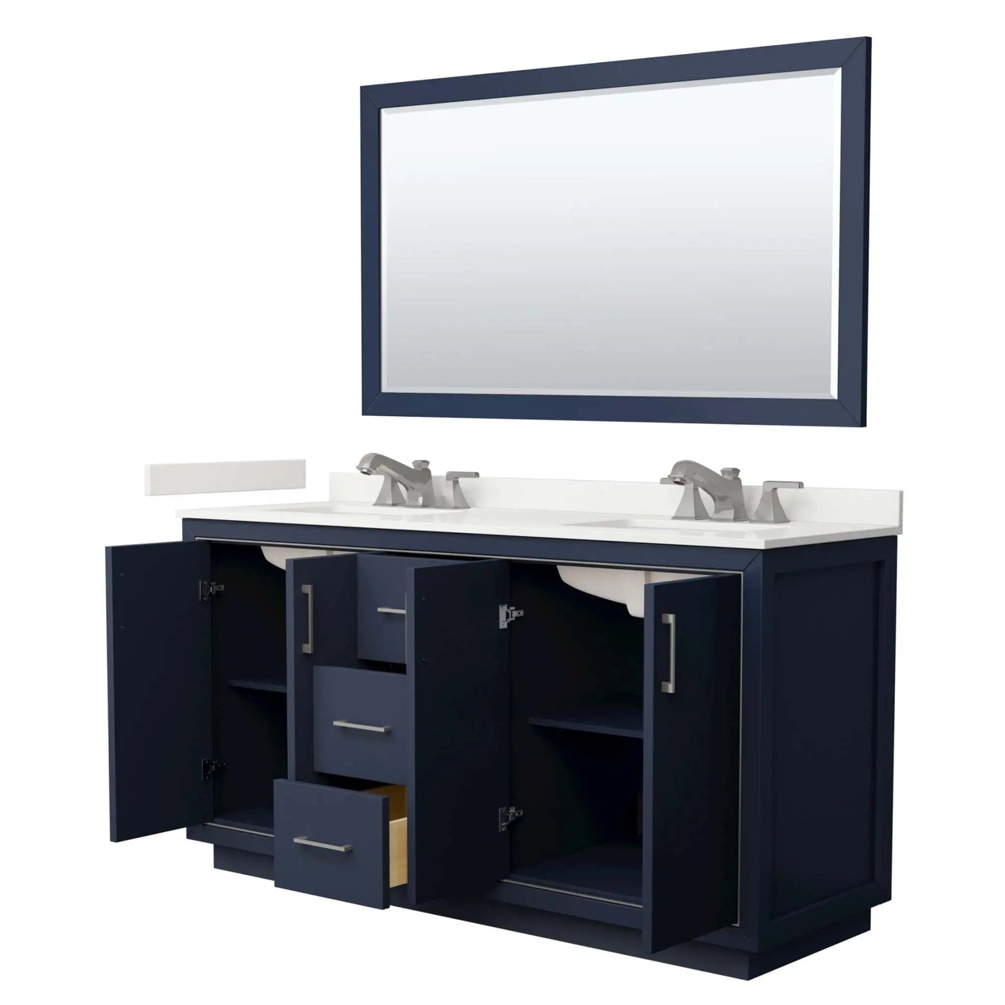 66" Icon Double Bathroom Vanity in Dark Blue with Brushed Nickel Trim & 58" Mirror by Wyndham