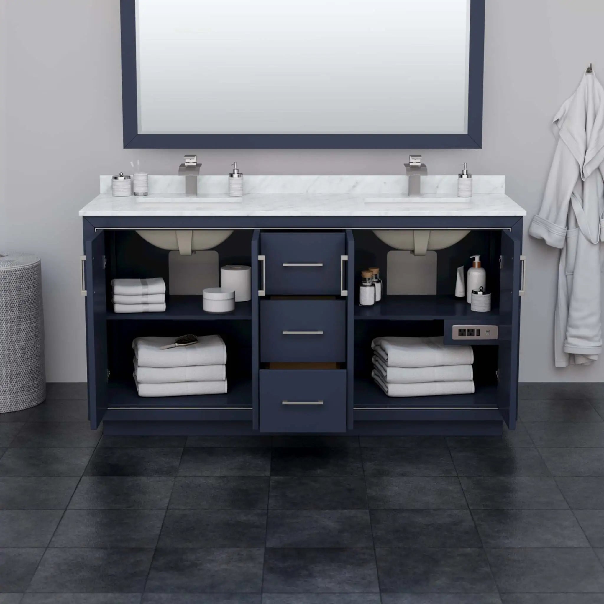 66" Icon Double Bathroom Vanity in Dark Blue with Brushed Nickel Trim & 58" Mirror by Wyndham