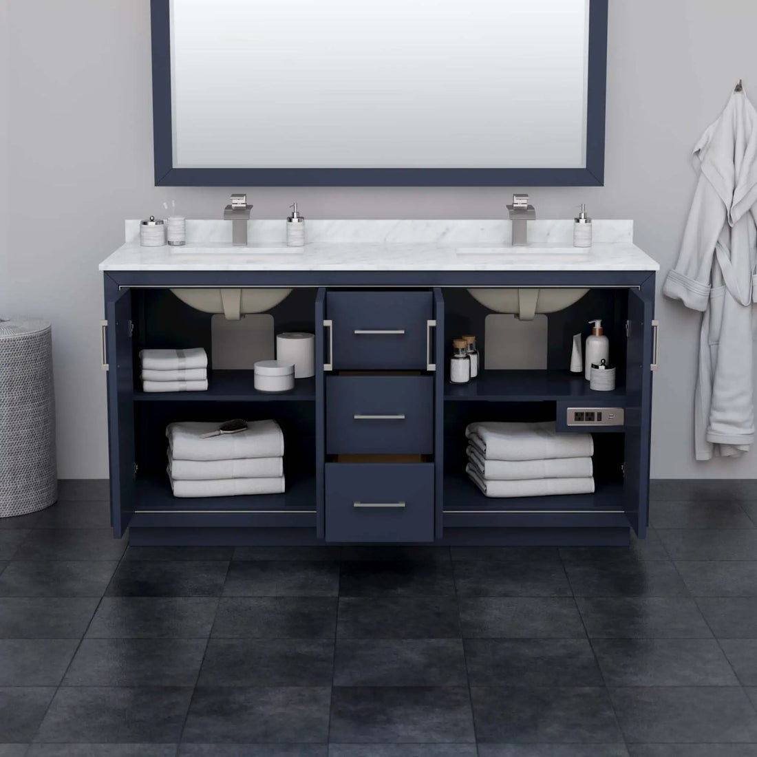 66" Icon Double Bathroom Vanity in Dark Blue with Brushed Nickel Trim by Wyndham