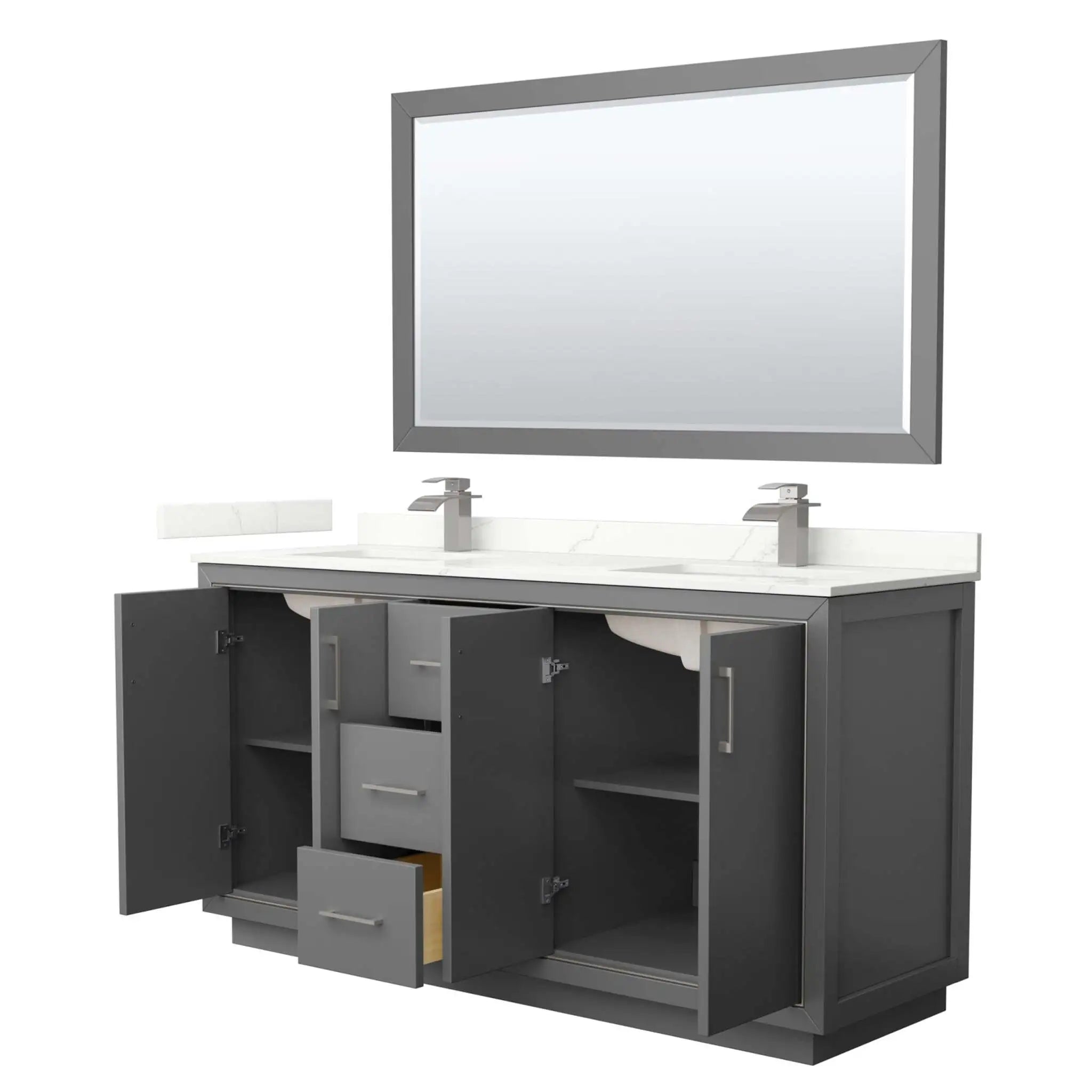 66" Icon Double Bathroom Vanity in Dark Gray with Brushed Nickel Trim & 58" Mirror by Wyndham