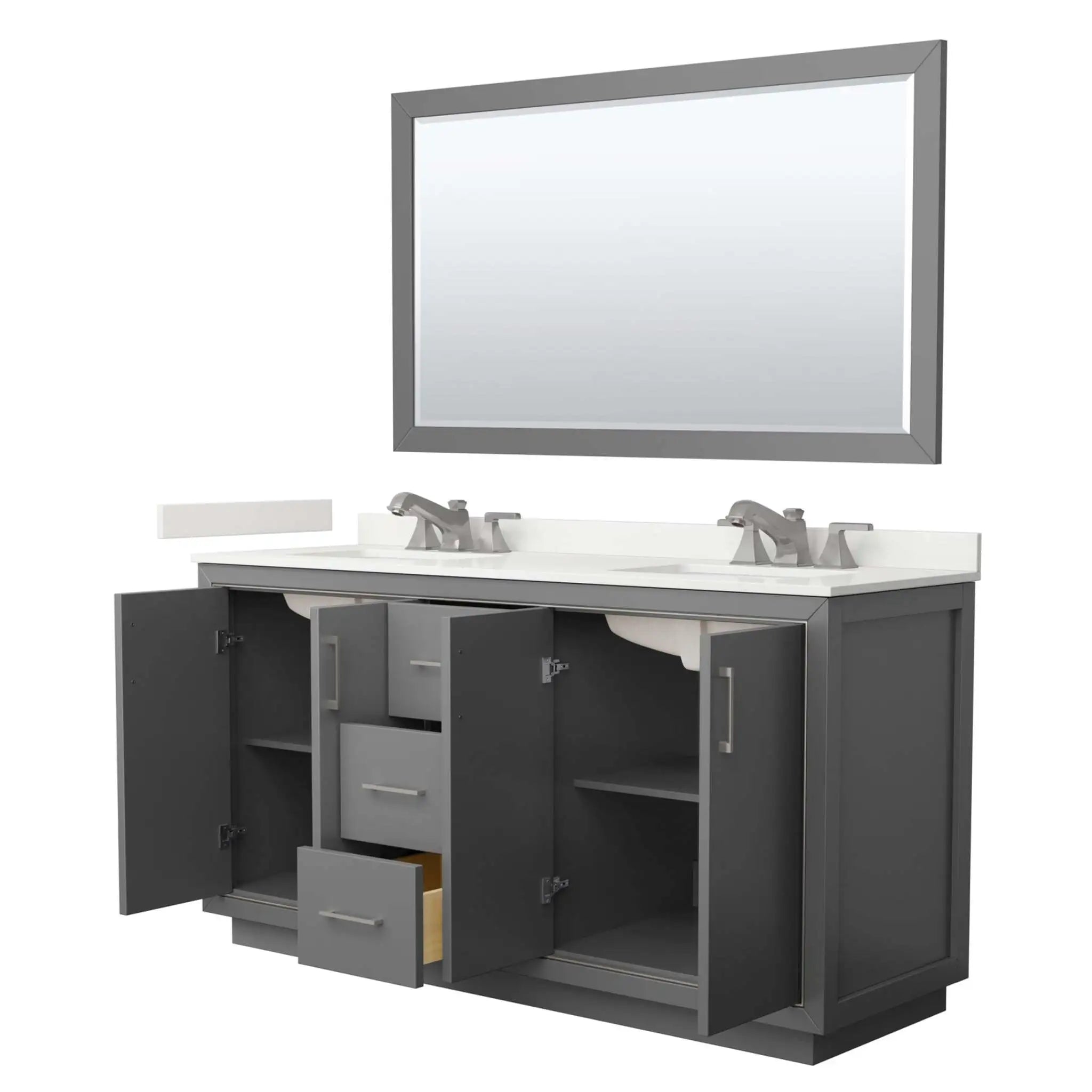 66" Icon Double Bathroom Vanity in Dark Gray with Brushed Nickel Trim & 58" Mirror by Wyndham