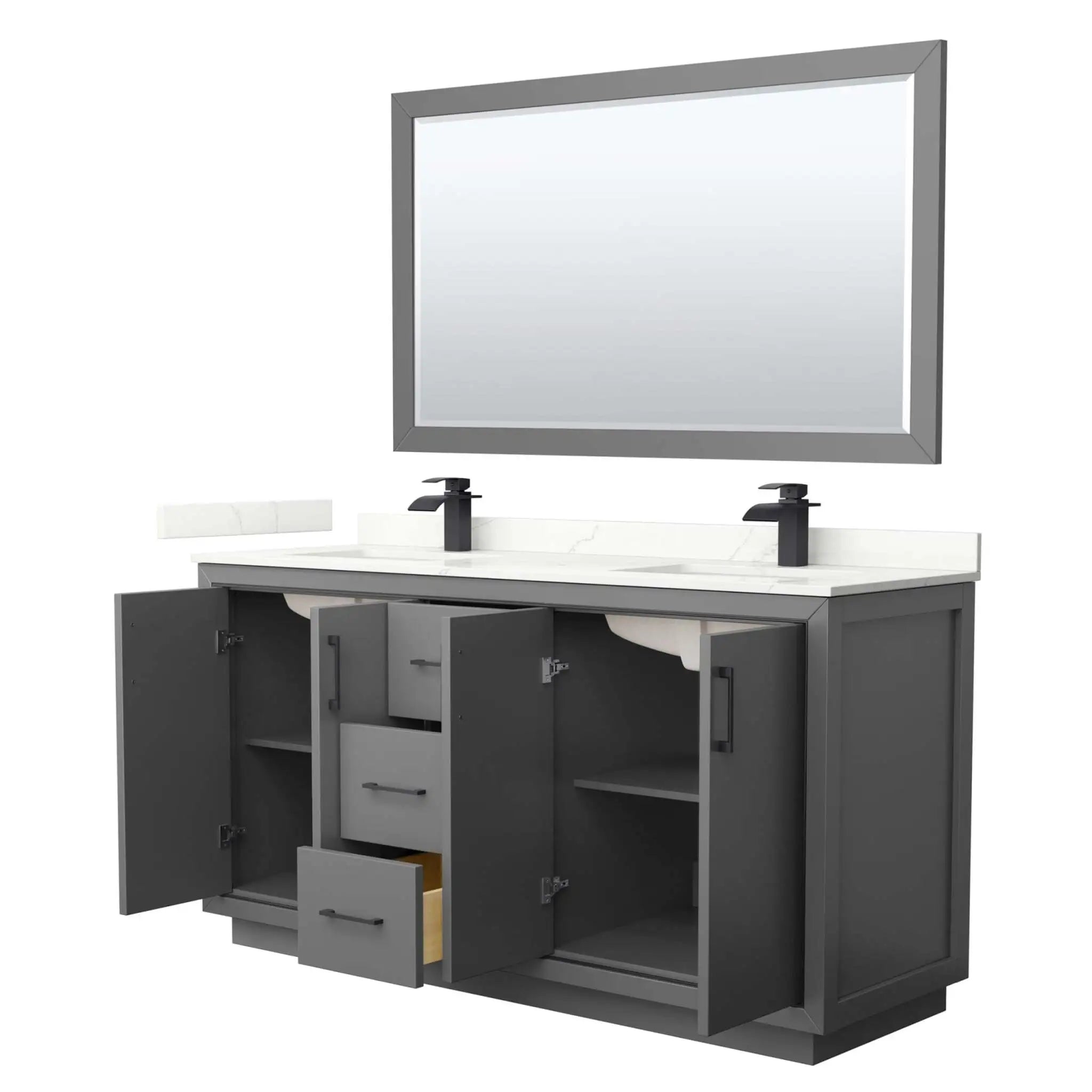 66" Icon Double Bathroom Vanity in Dark Gray with Matte Black Trim & 58" Mirror by Wyndham