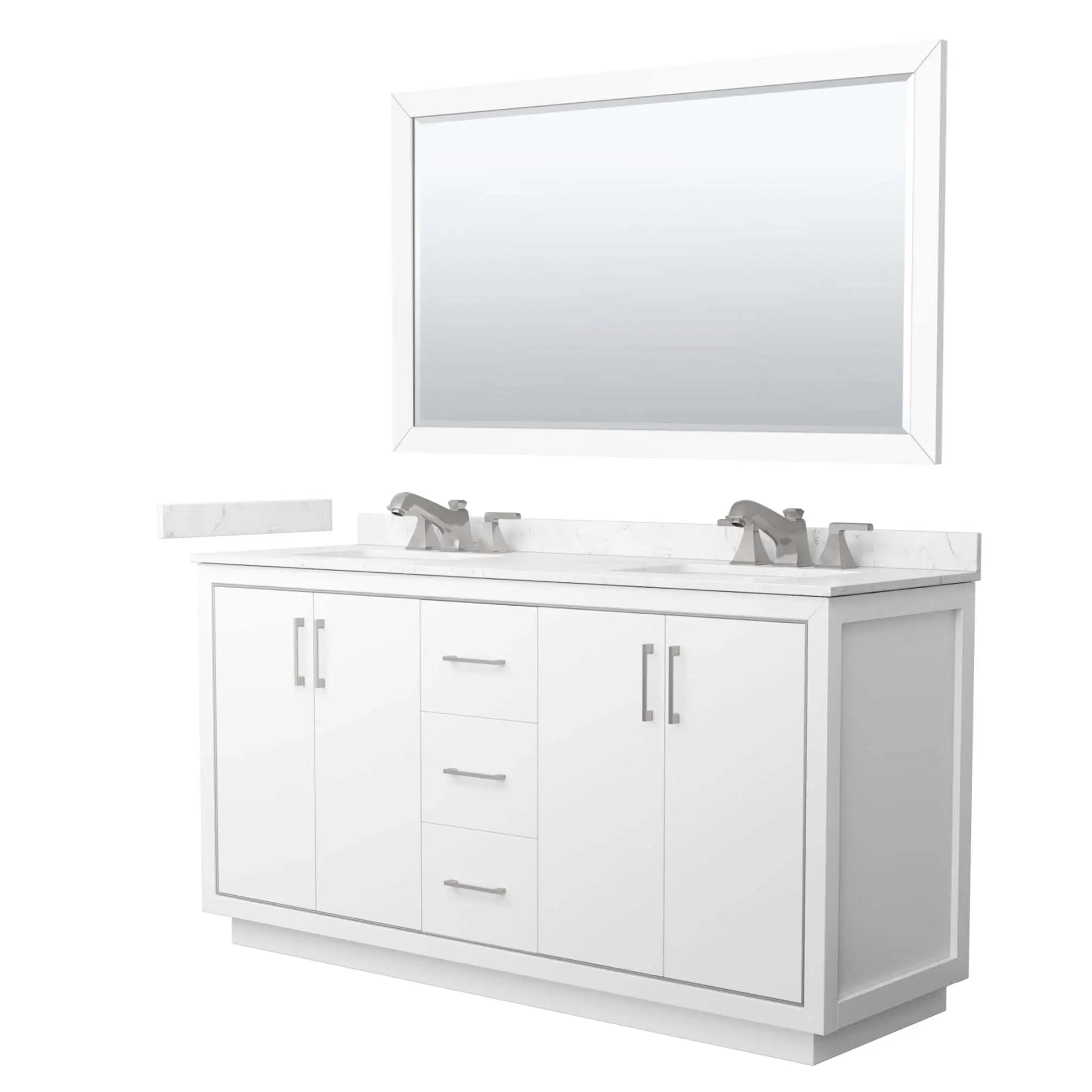 66" Icon Double Bathroom Vanity in White with Brushed Nickel Trim & 58" Mirror by Wyndham