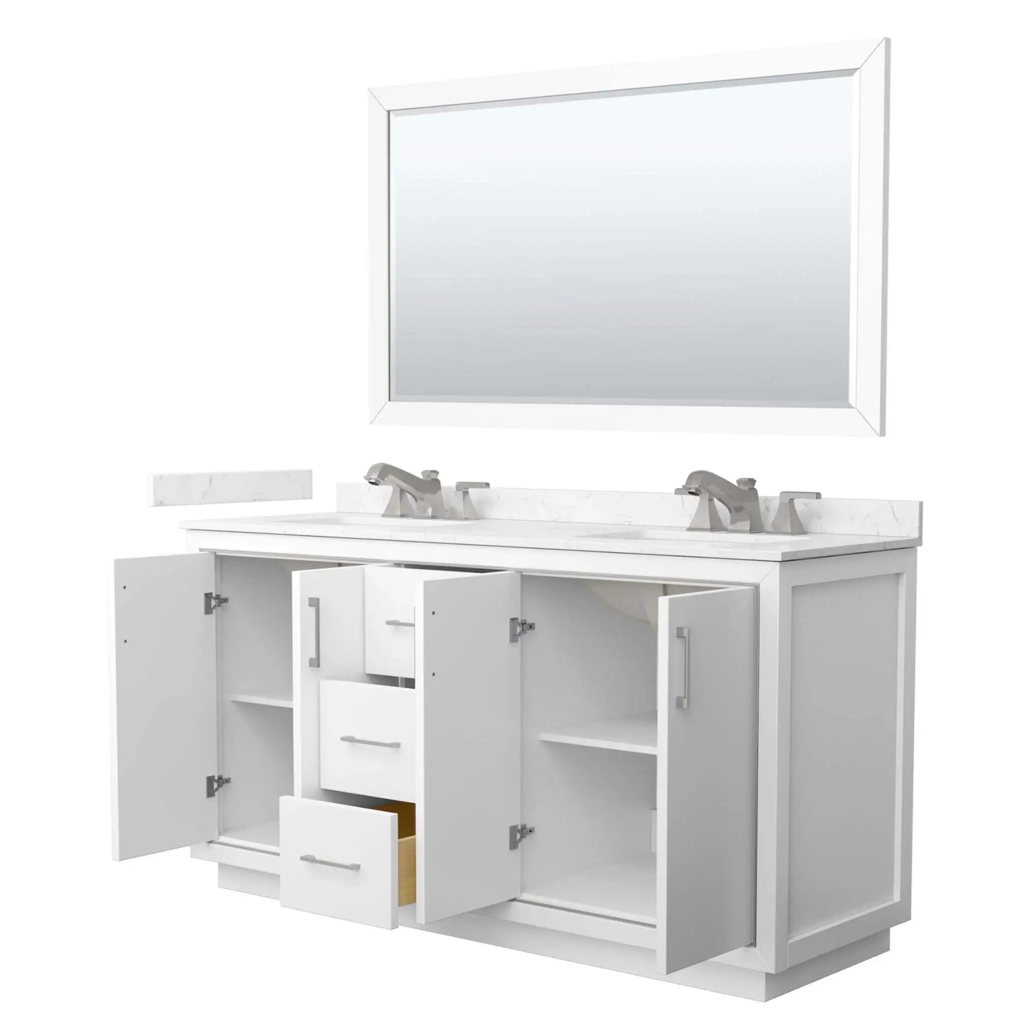 66" Icon Double Bathroom Vanity in White with Brushed Nickel Trim & 58" Mirror by Wyndham
