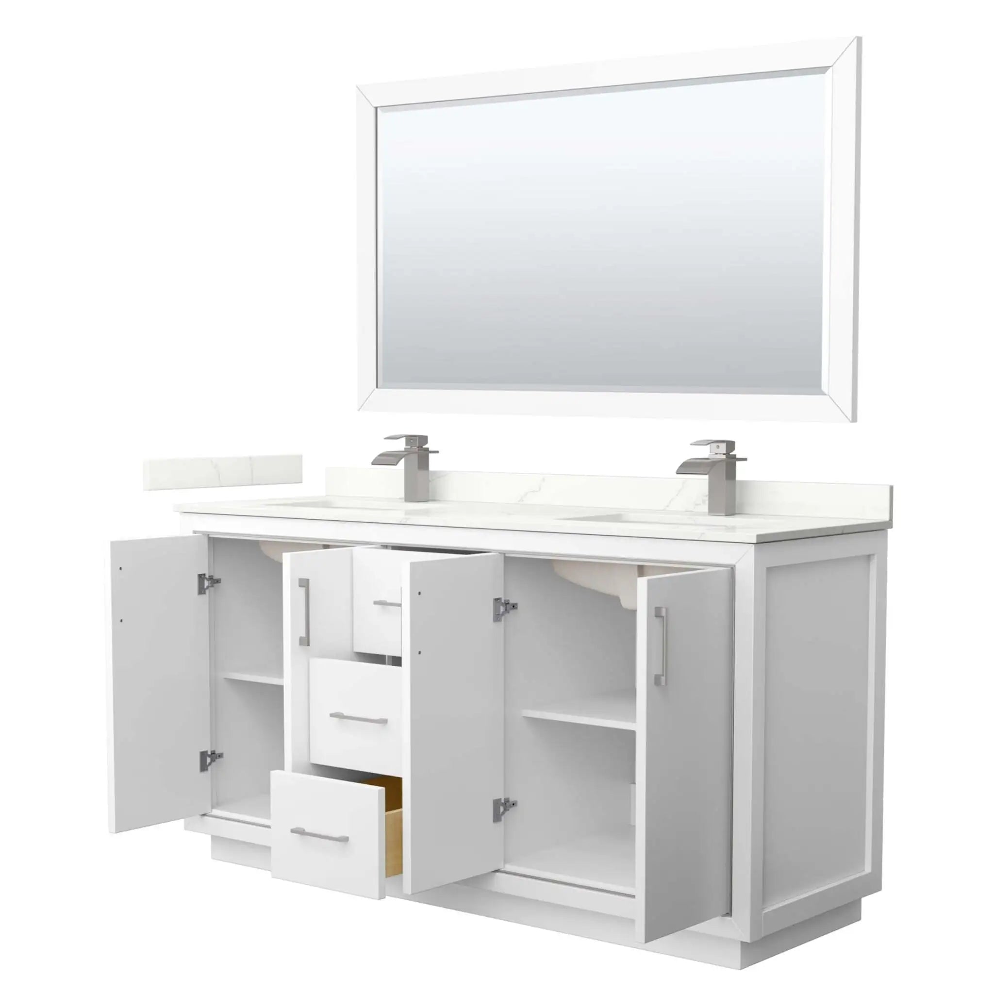 66" Icon Double Bathroom Vanity in White with Brushed Nickel Trim & 58" Mirror by Wyndham