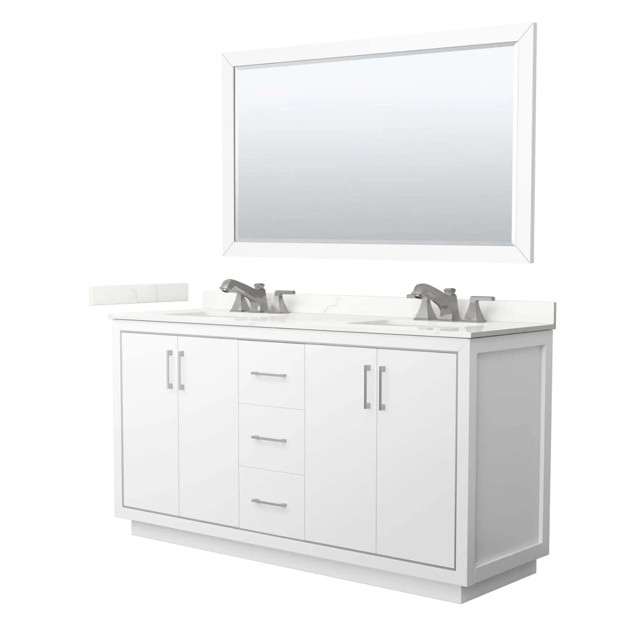 66" Icon Double Bathroom Vanity in White with Brushed Nickel Trim & 58" Mirror by Wyndham