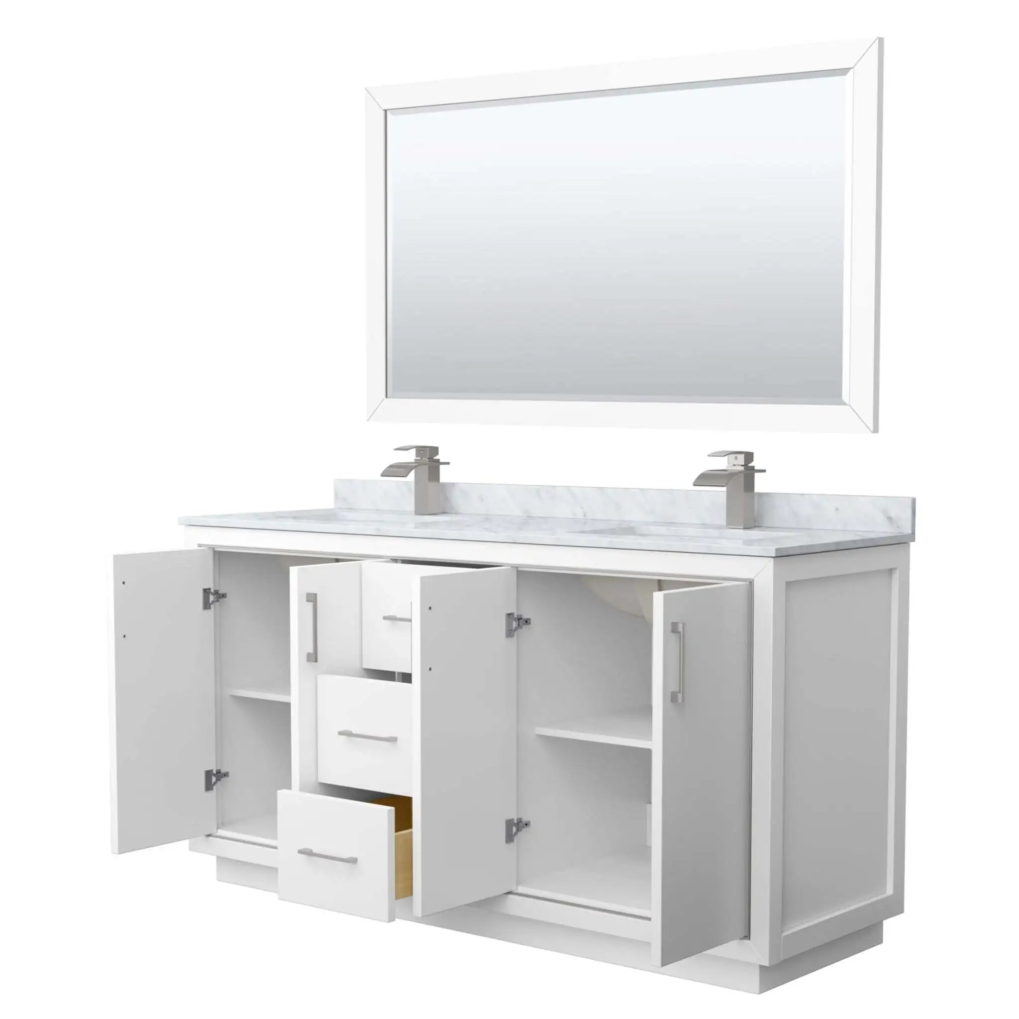 66" Icon Double Bathroom Vanity in White with Brushed Nickel Trim & 58" Mirror by Wyndham