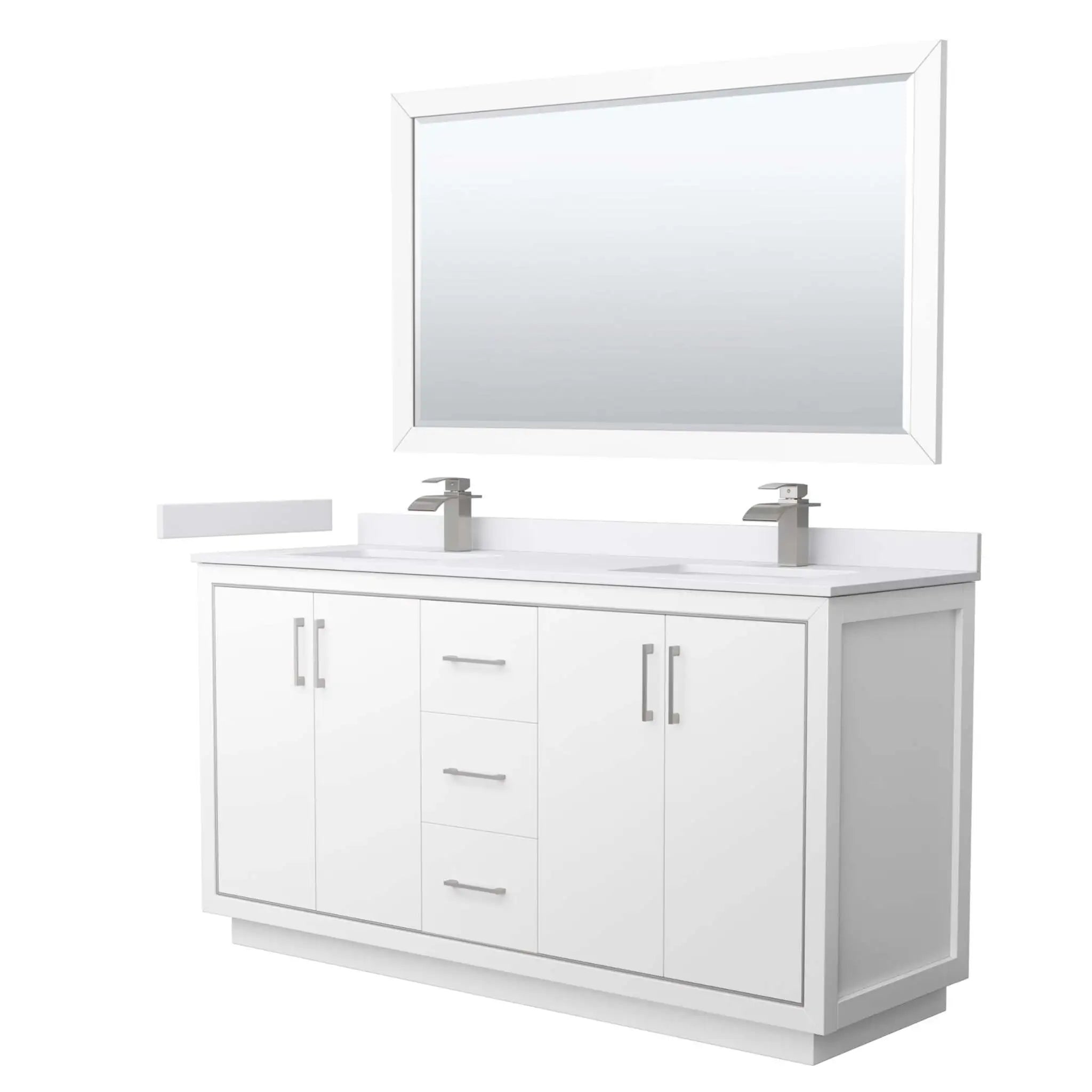 66" Icon Double Bathroom Vanity in White with Brushed Nickel Trim & 58" Mirror by Wyndham