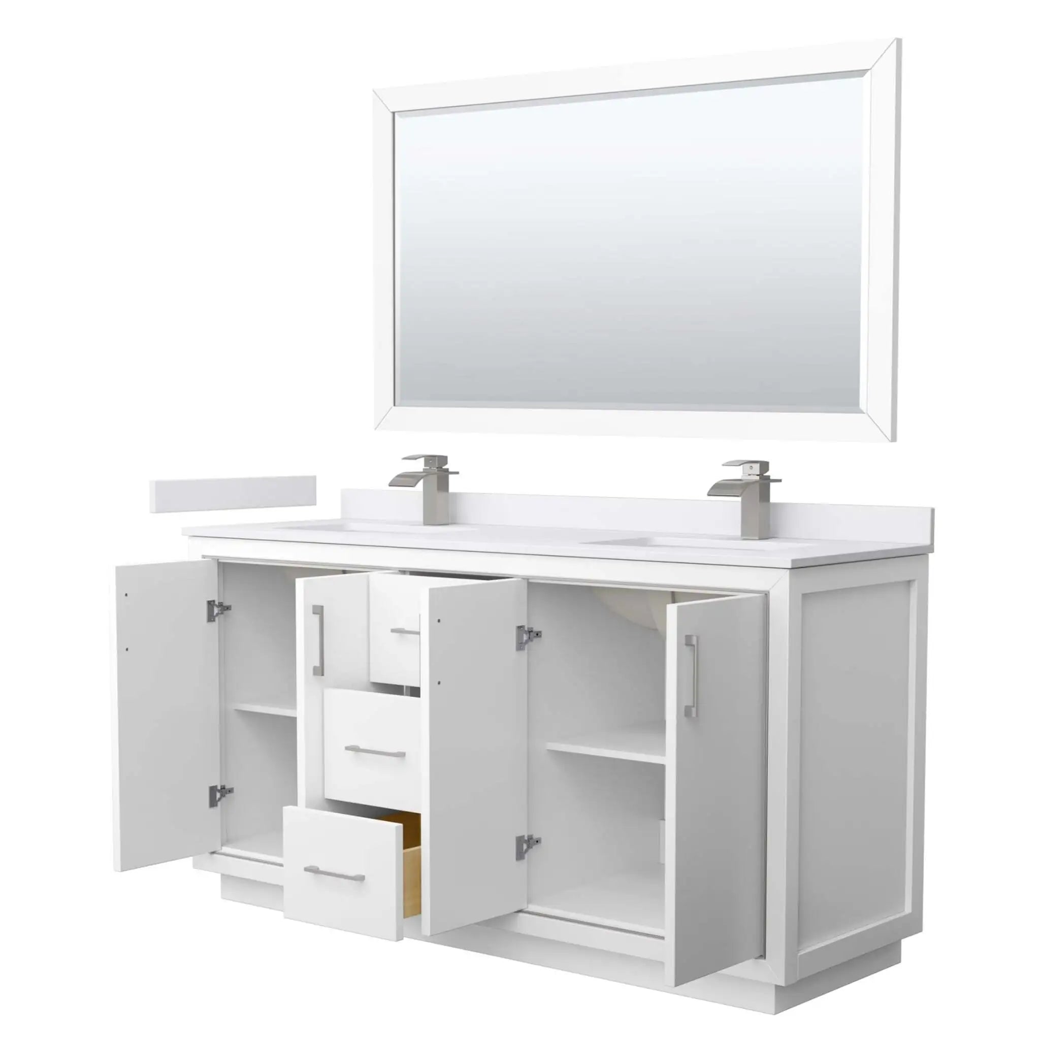 66" Icon Double Bathroom Vanity in White with Brushed Nickel Trim & 58" Mirror by Wyndham