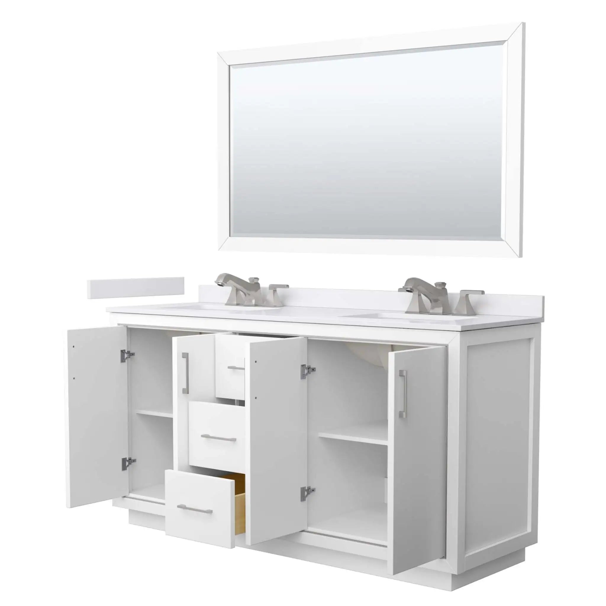 66" Icon Double Bathroom Vanity in White with Brushed Nickel Trim & 58" Mirror by Wyndham