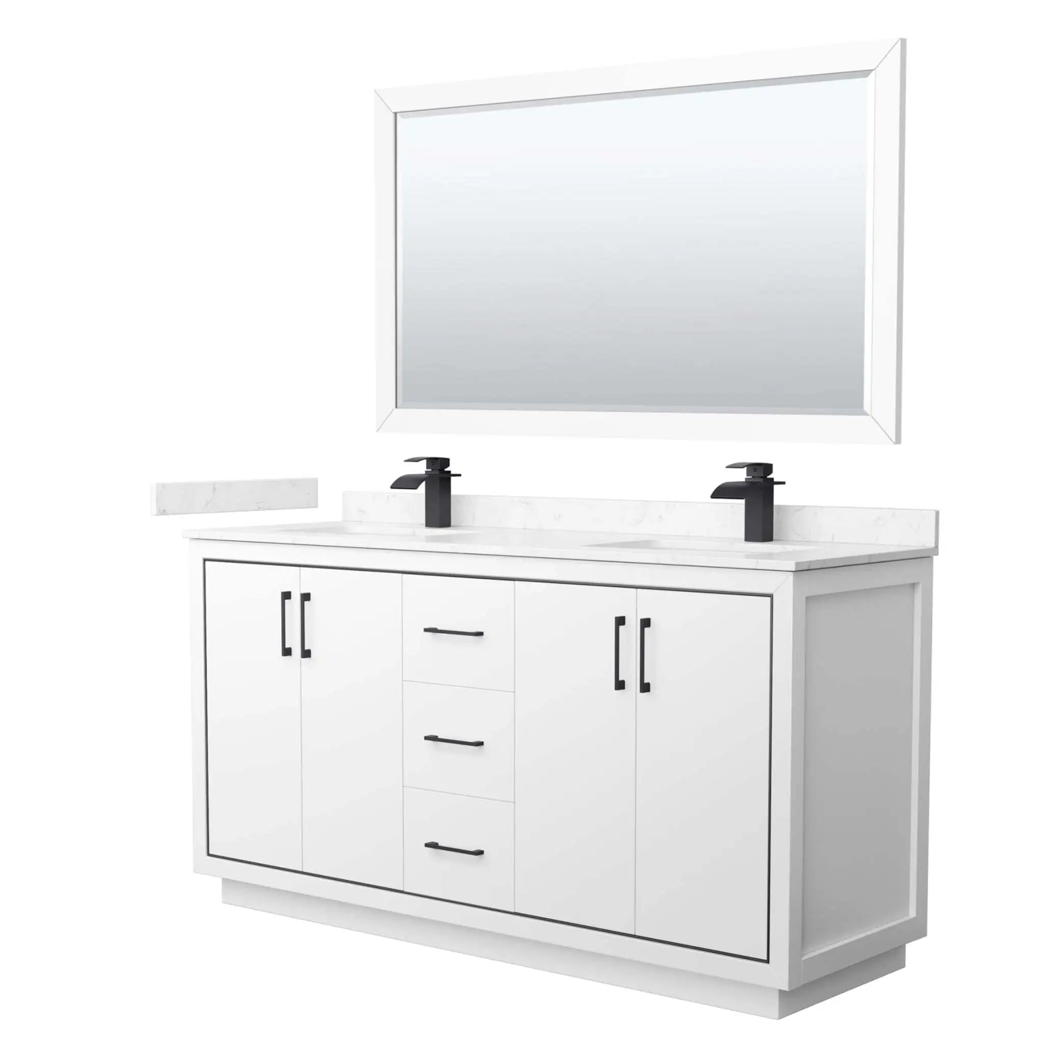 66" Icon Double Bathroom Vanity in White with Matte Black Trim & 58" Mirror by Wyndham