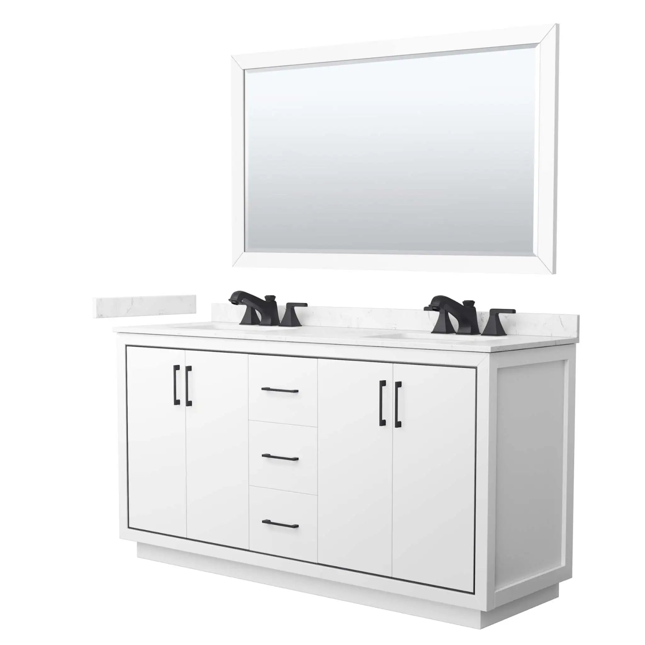 66" Icon Double Bathroom Vanity in White with Matte Black Trim & 58" Mirror by Wyndham