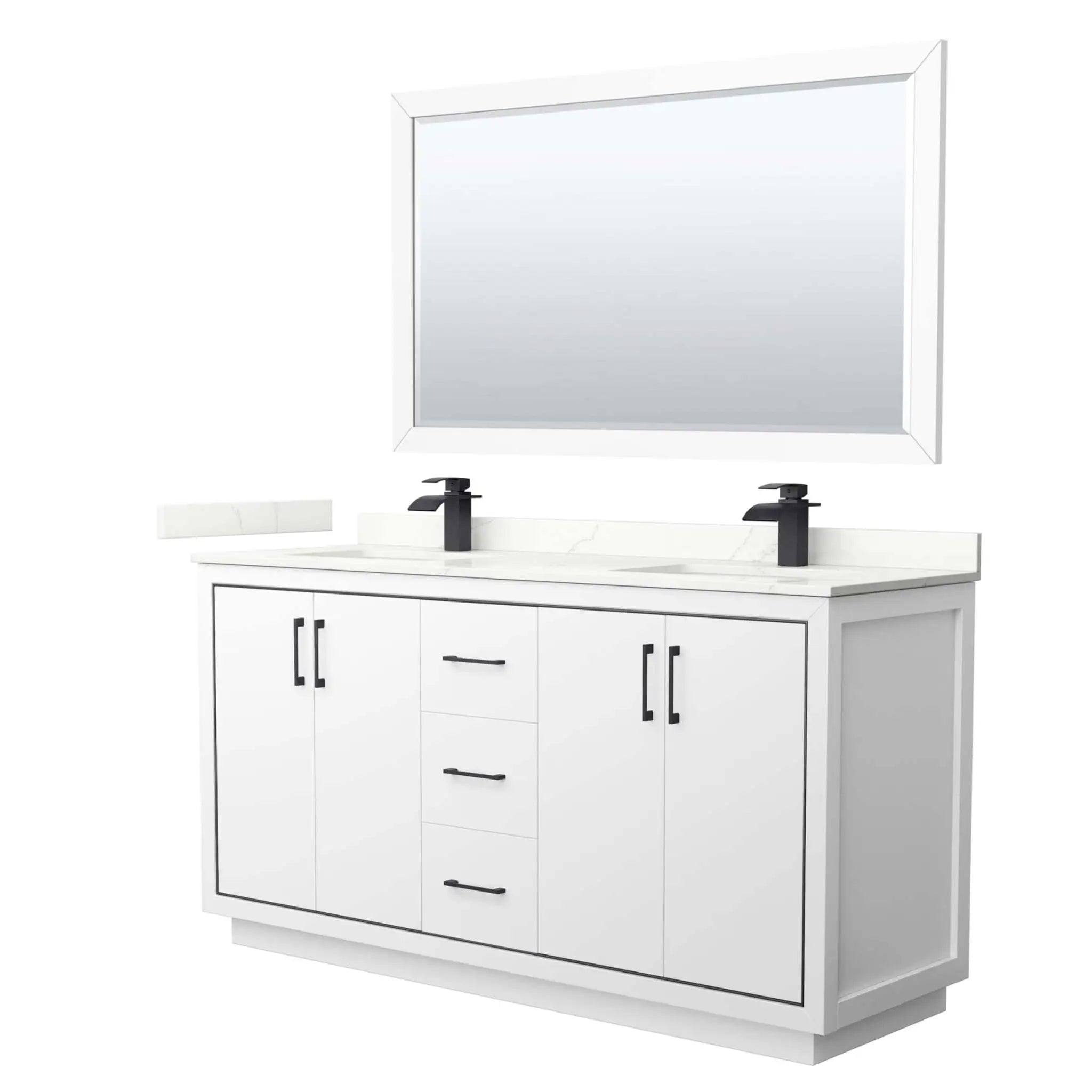 66" Icon Double Bathroom Vanity in White with Matte Black Trim & 58" Mirror by Wyndham