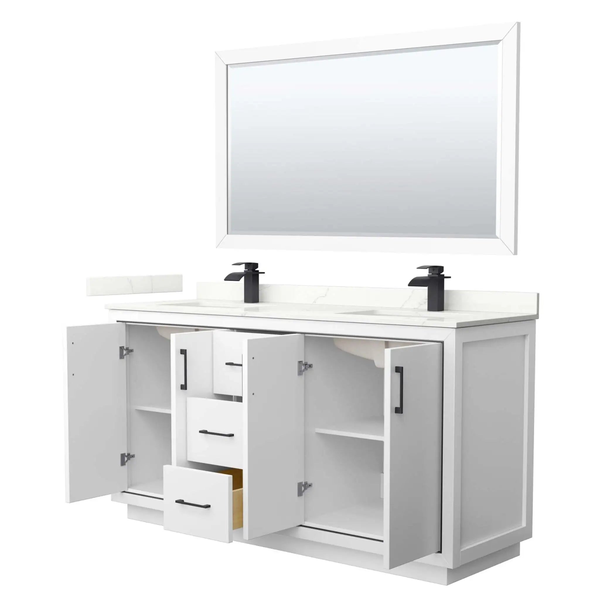 66" Icon Double Bathroom Vanity in White with Matte Black Trim & 58" Mirror by Wyndham