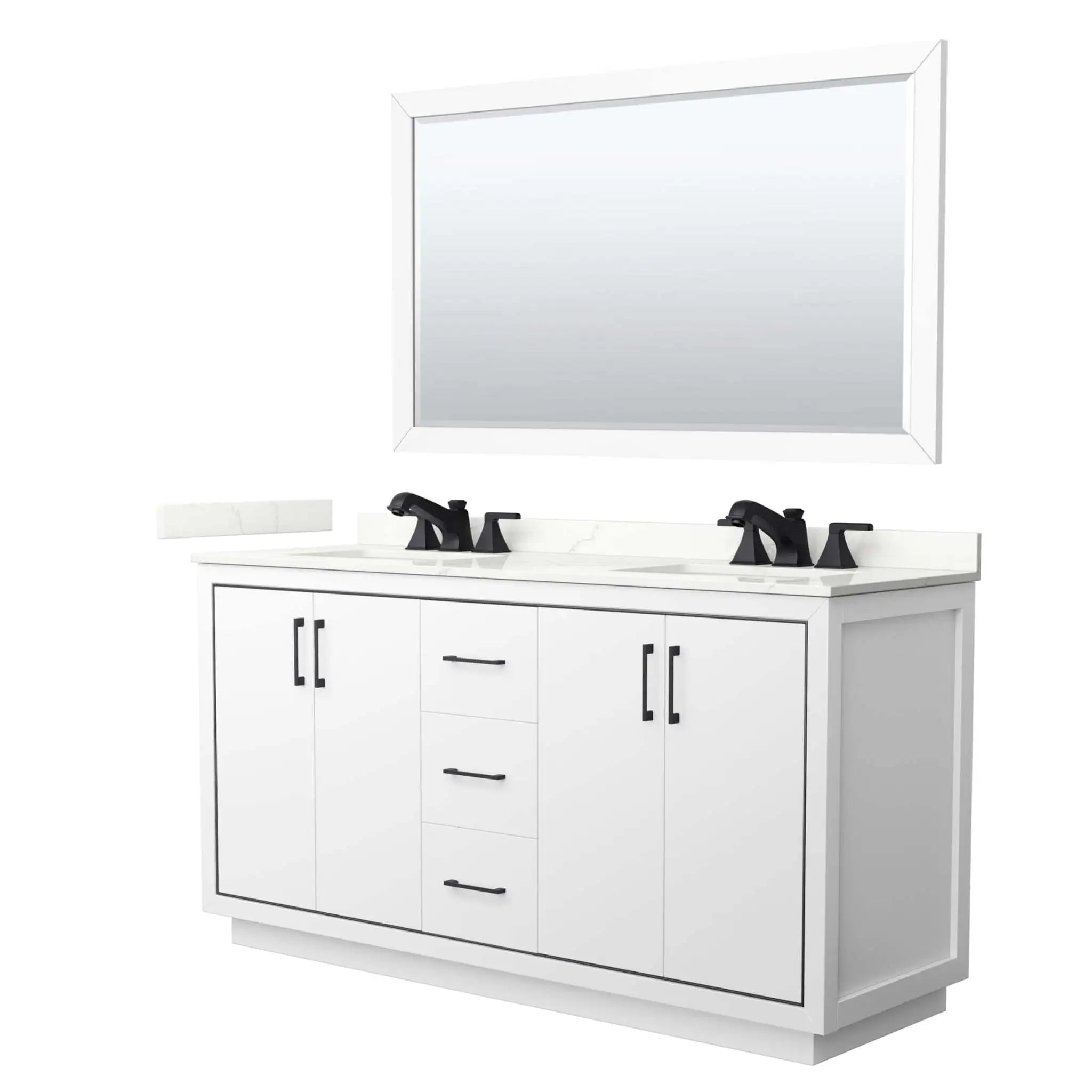 66" Icon Double Bathroom Vanity in White with Matte Black Trim & 58" Mirror by Wyndham