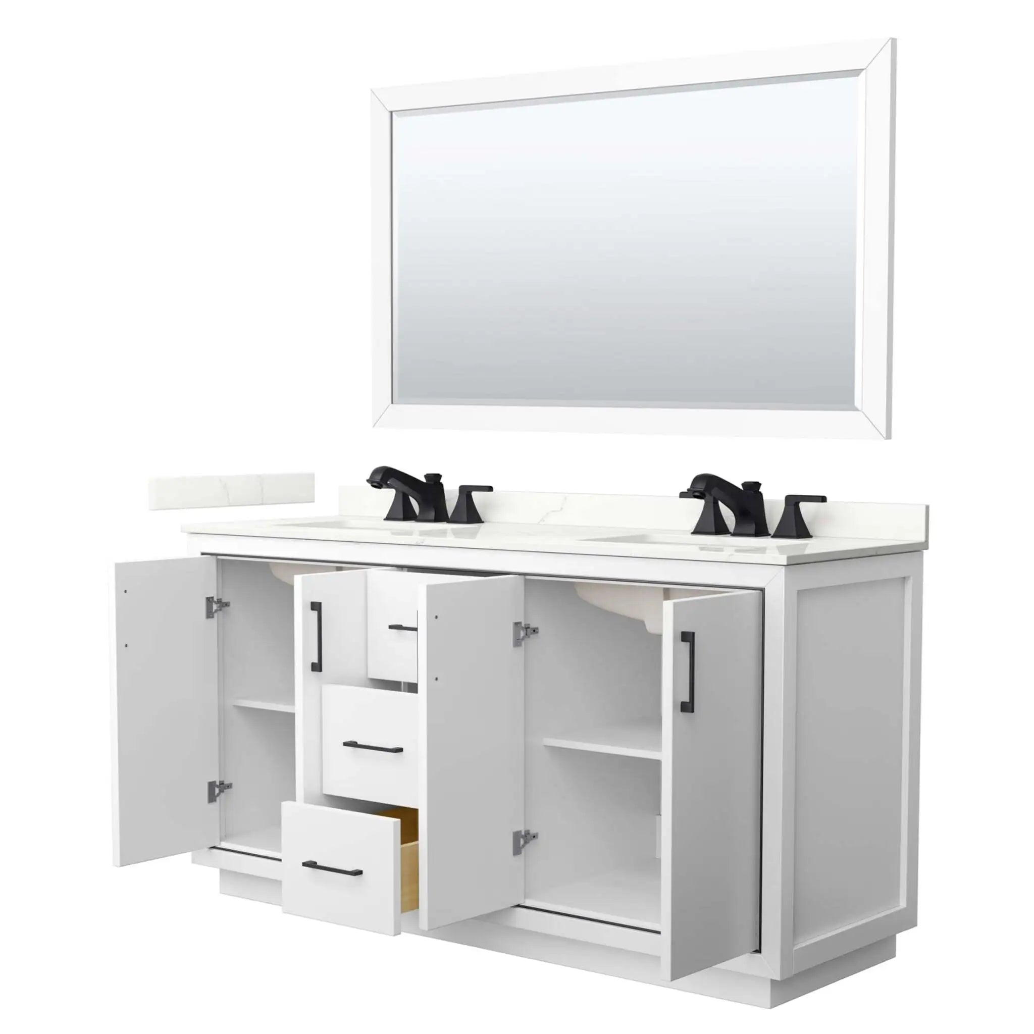 66" Icon Double Bathroom Vanity in White with Matte Black Trim & 58" Mirror by Wyndham