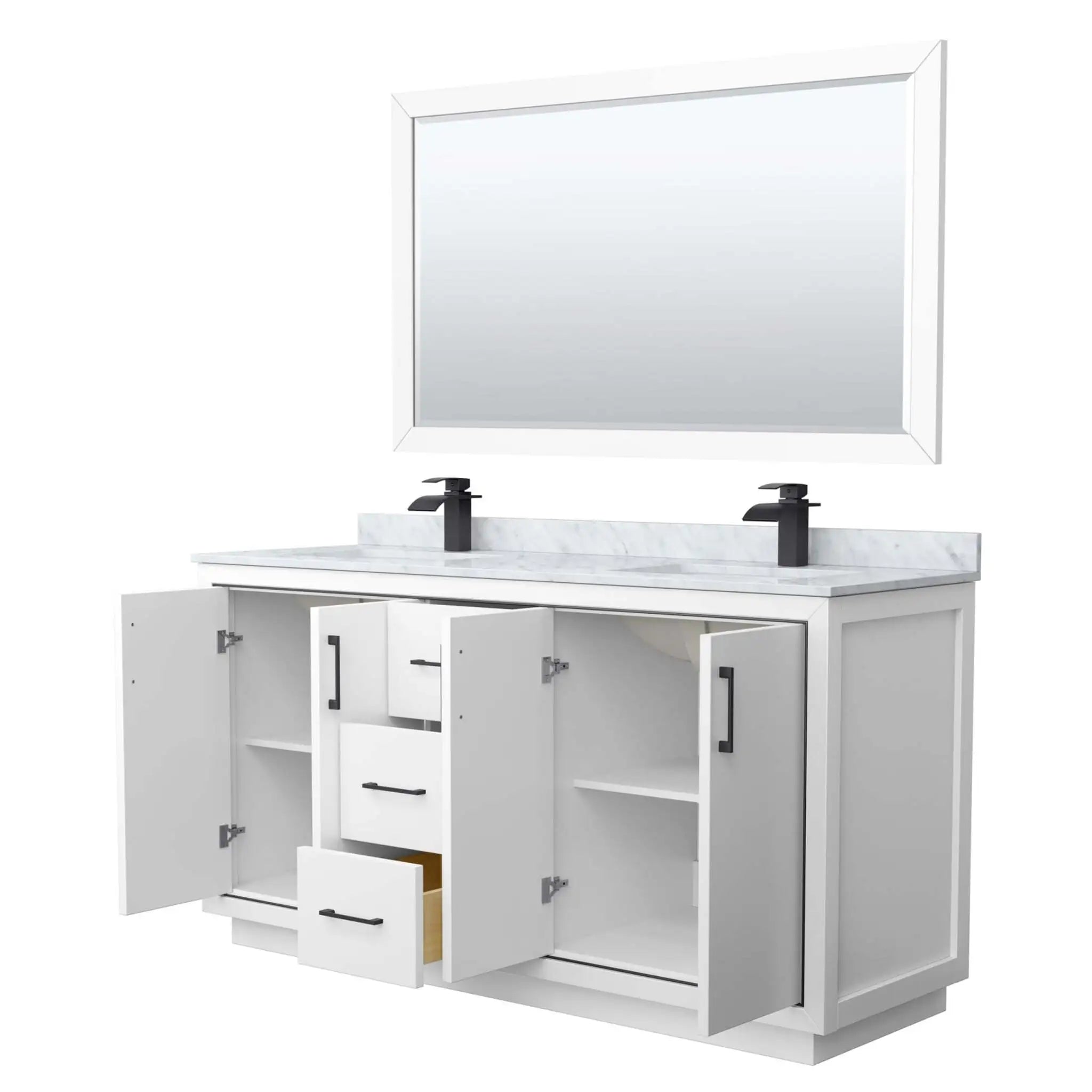 66" Icon Double Bathroom Vanity in White with Matte Black Trim & 58" Mirror by Wyndham