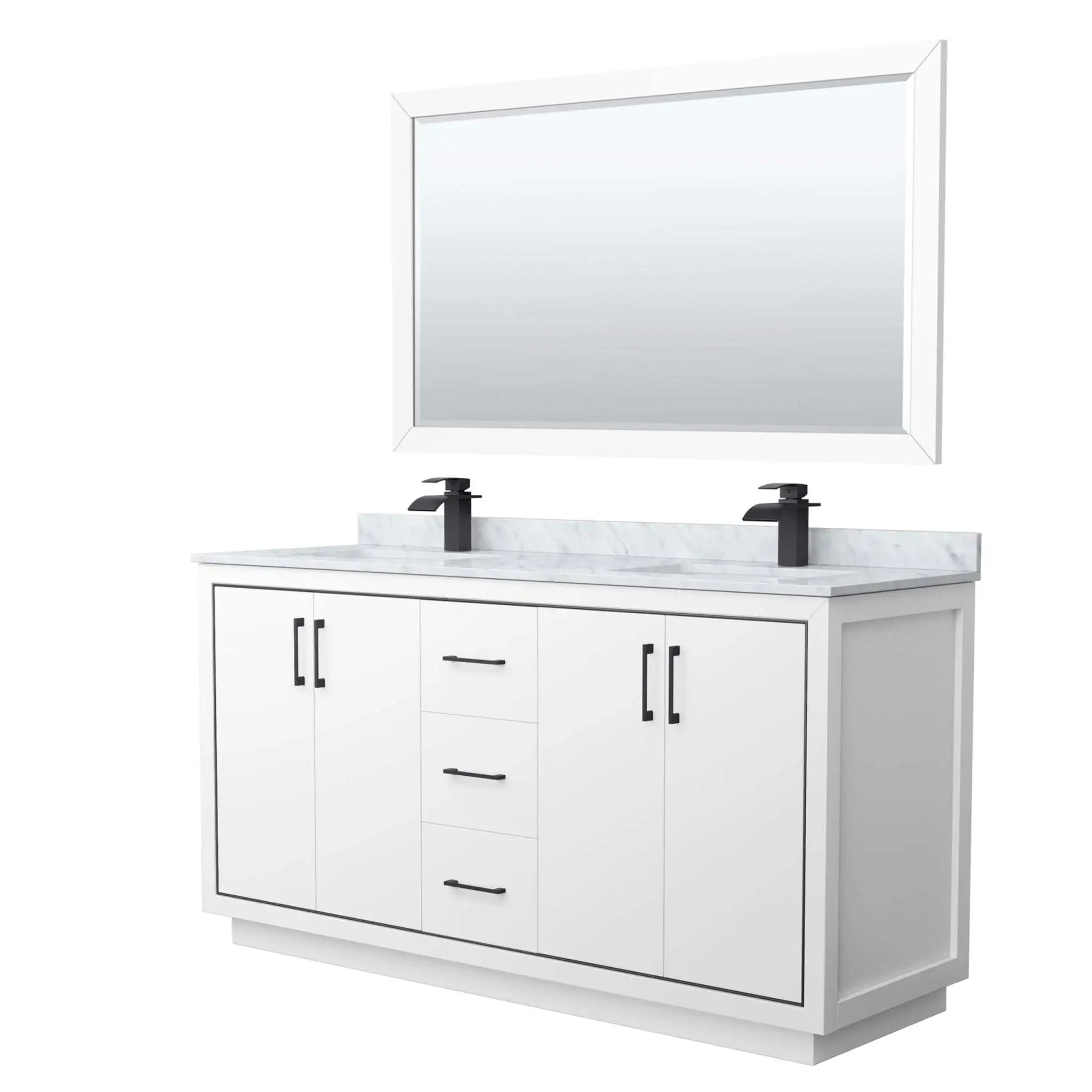 66" Icon Double Bathroom Vanity in White with Matte Black Trim & 58" Mirror by Wyndham