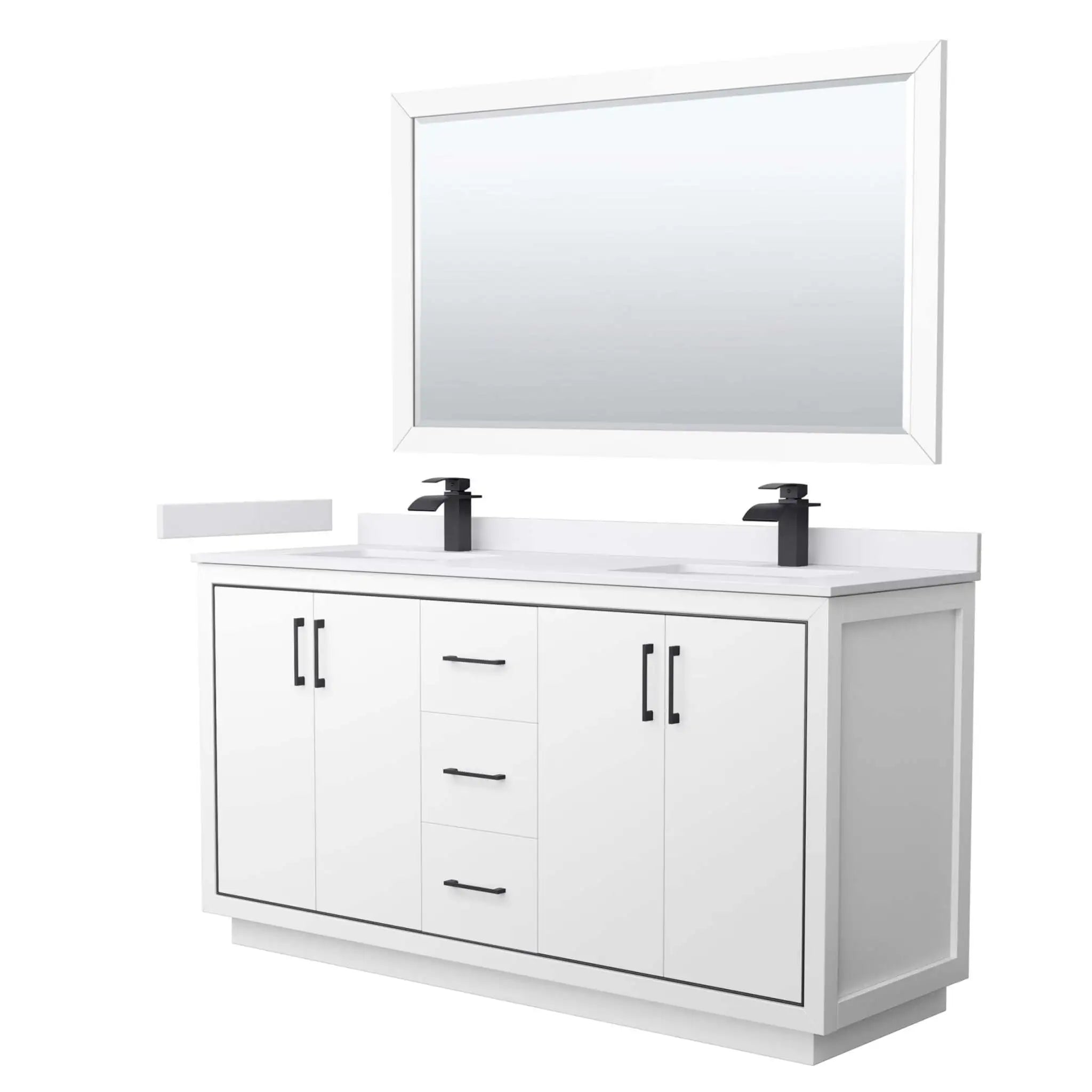 66" Icon Double Bathroom Vanity in White with Matte Black Trim & 58" Mirror by Wyndham