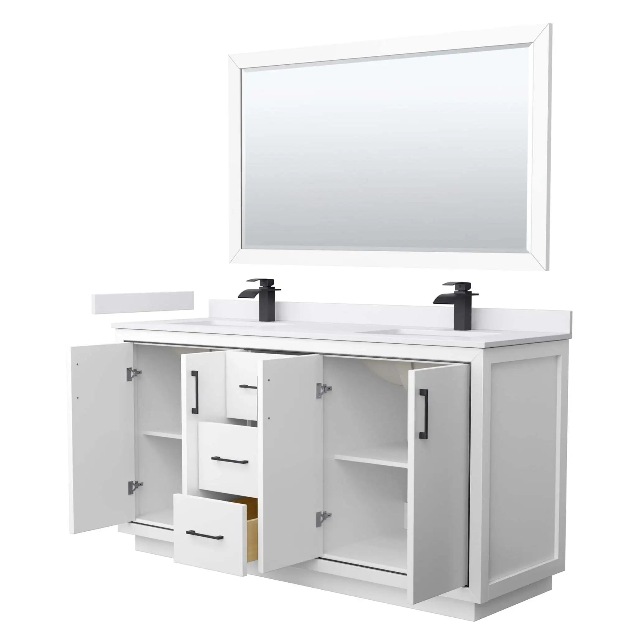 66" Icon Double Bathroom Vanity in White with Matte Black Trim & 58" Mirror by Wyndham