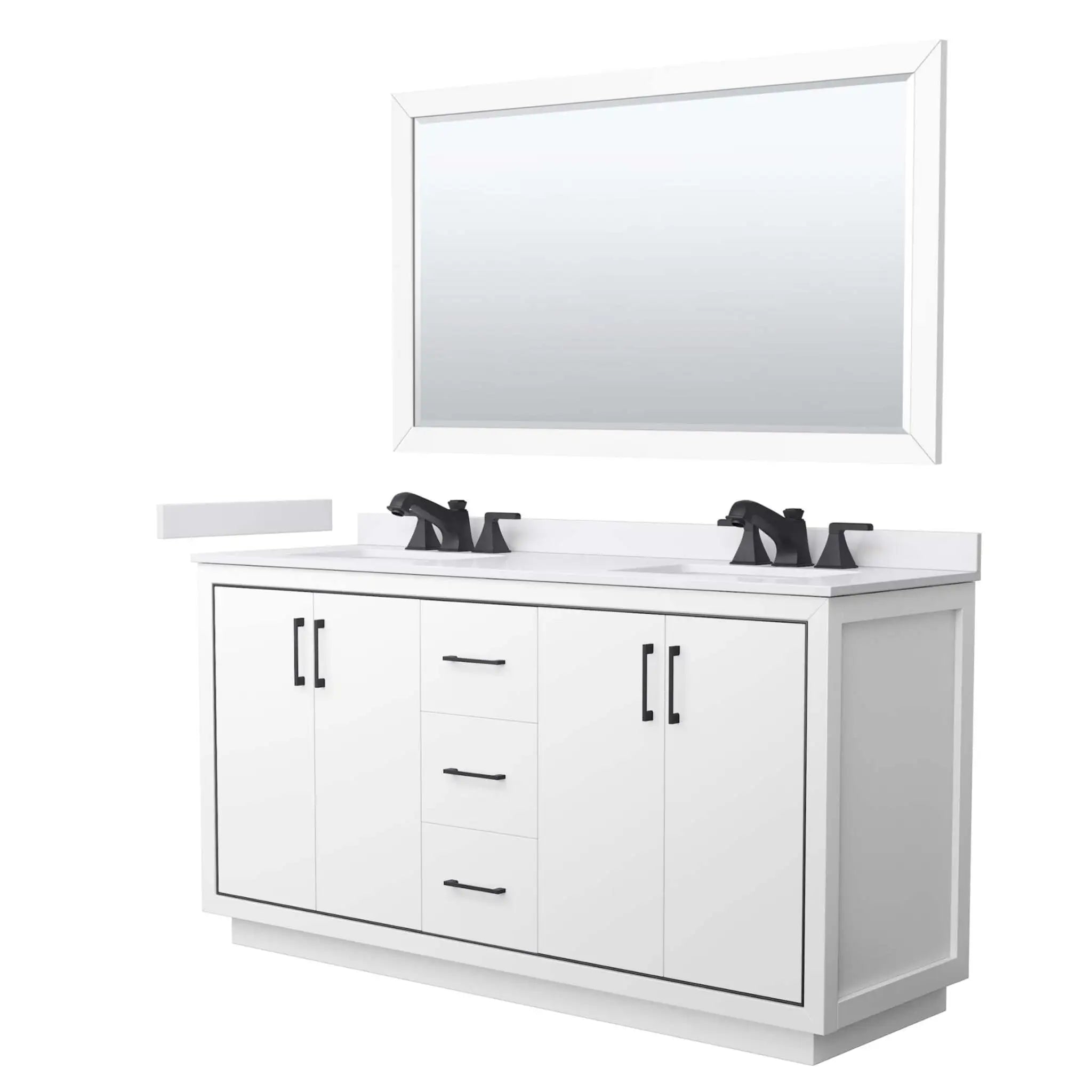 66" Icon Double Bathroom Vanity in White with Matte Black Trim & 58" Mirror by Wyndham