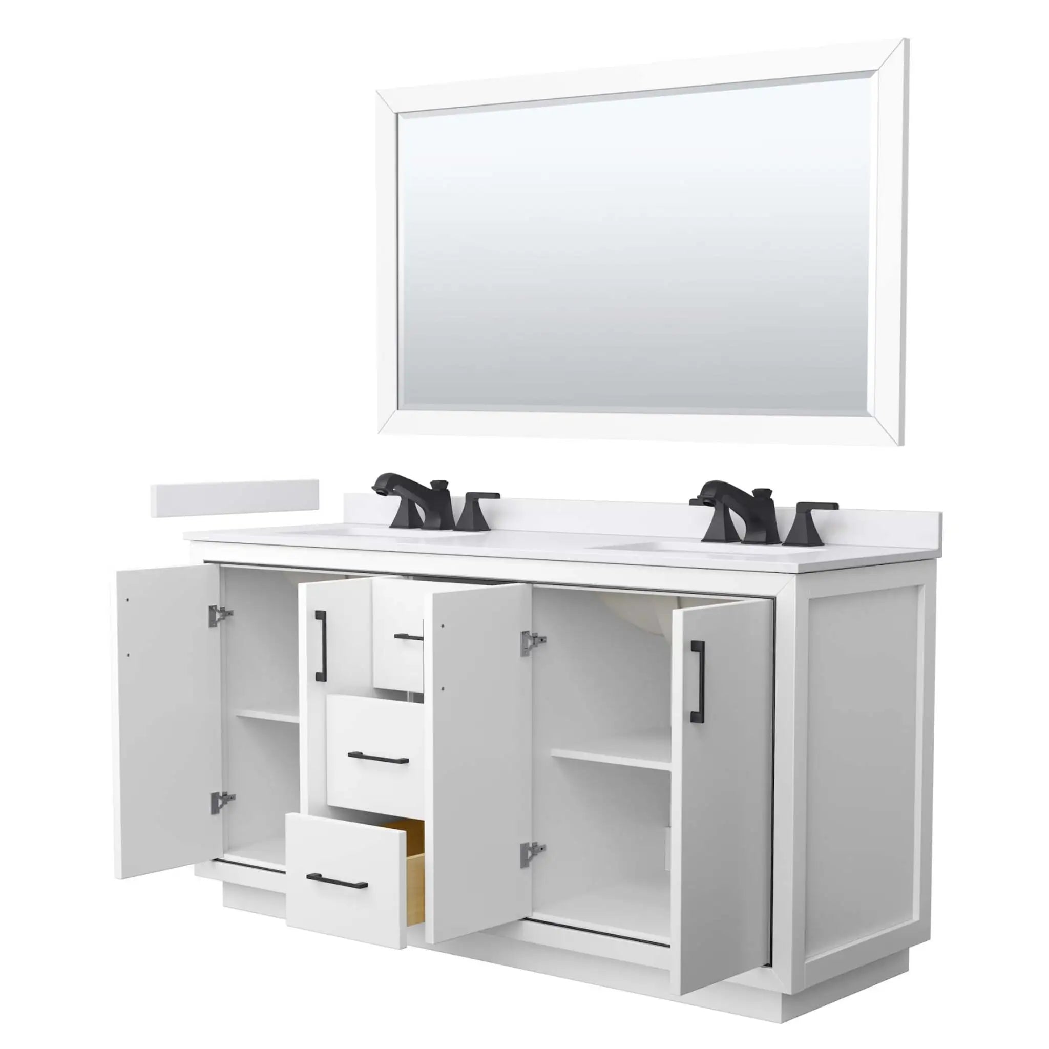 66" Icon Double Bathroom Vanity in White with Matte Black Trim & 58" Mirror by Wyndham