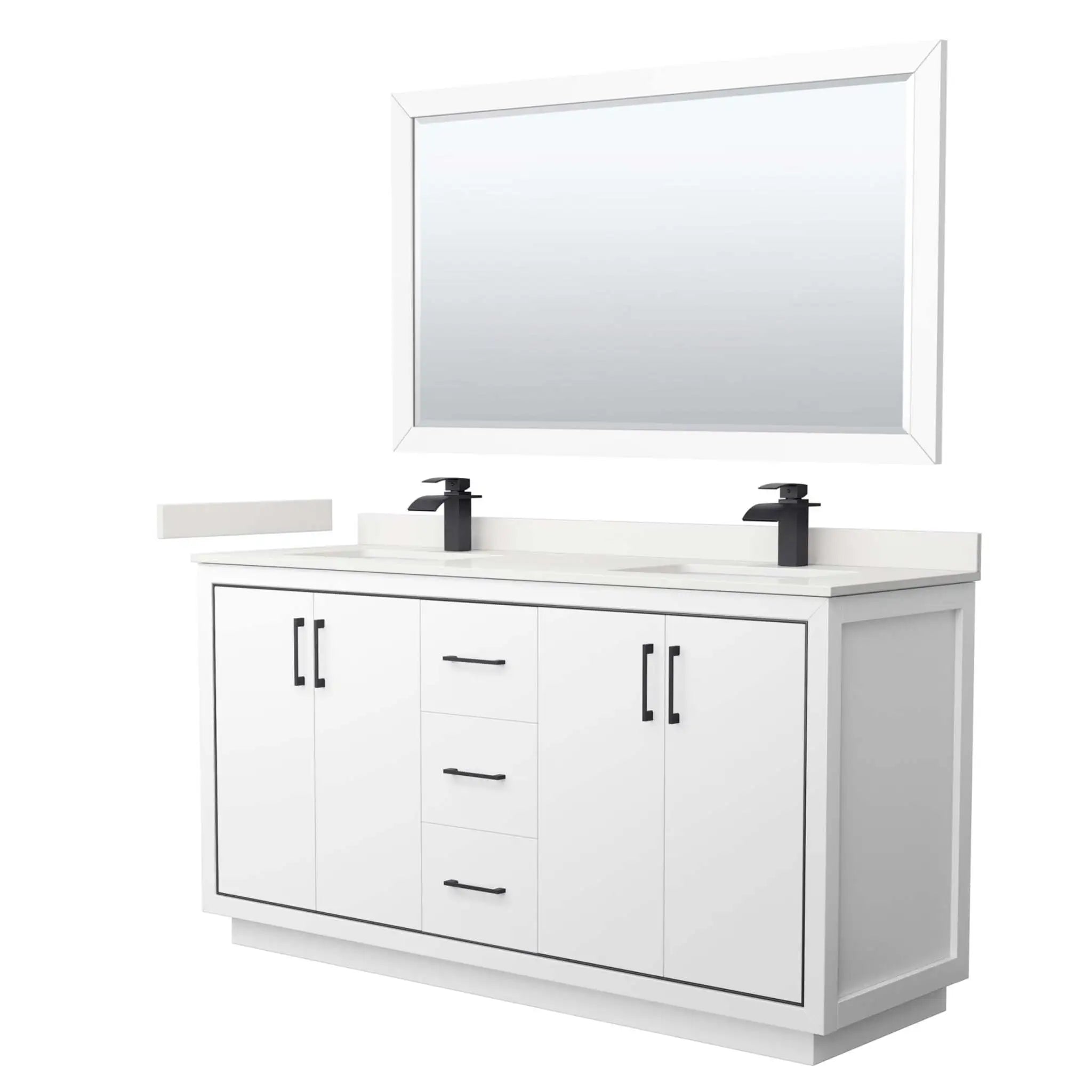 66" Icon Double Bathroom Vanity in White with Matte Black Trim & 58" Mirror by Wyndham