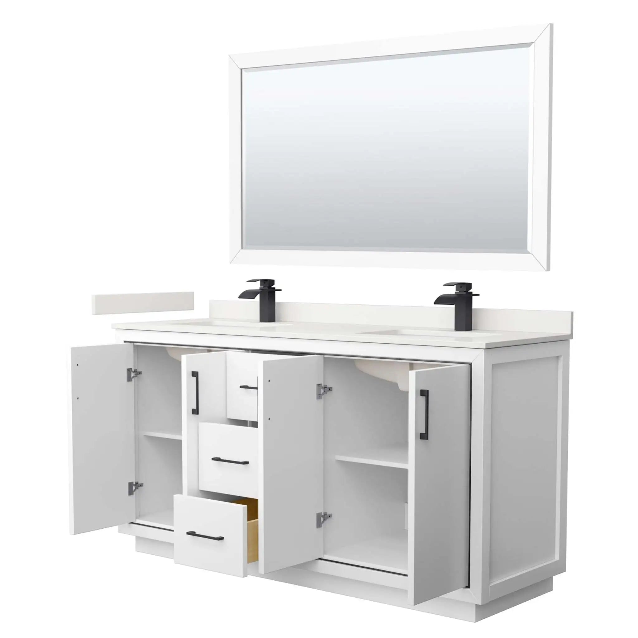 66" Icon Double Bathroom Vanity in White with Matte Black Trim & 58" Mirror by Wyndham