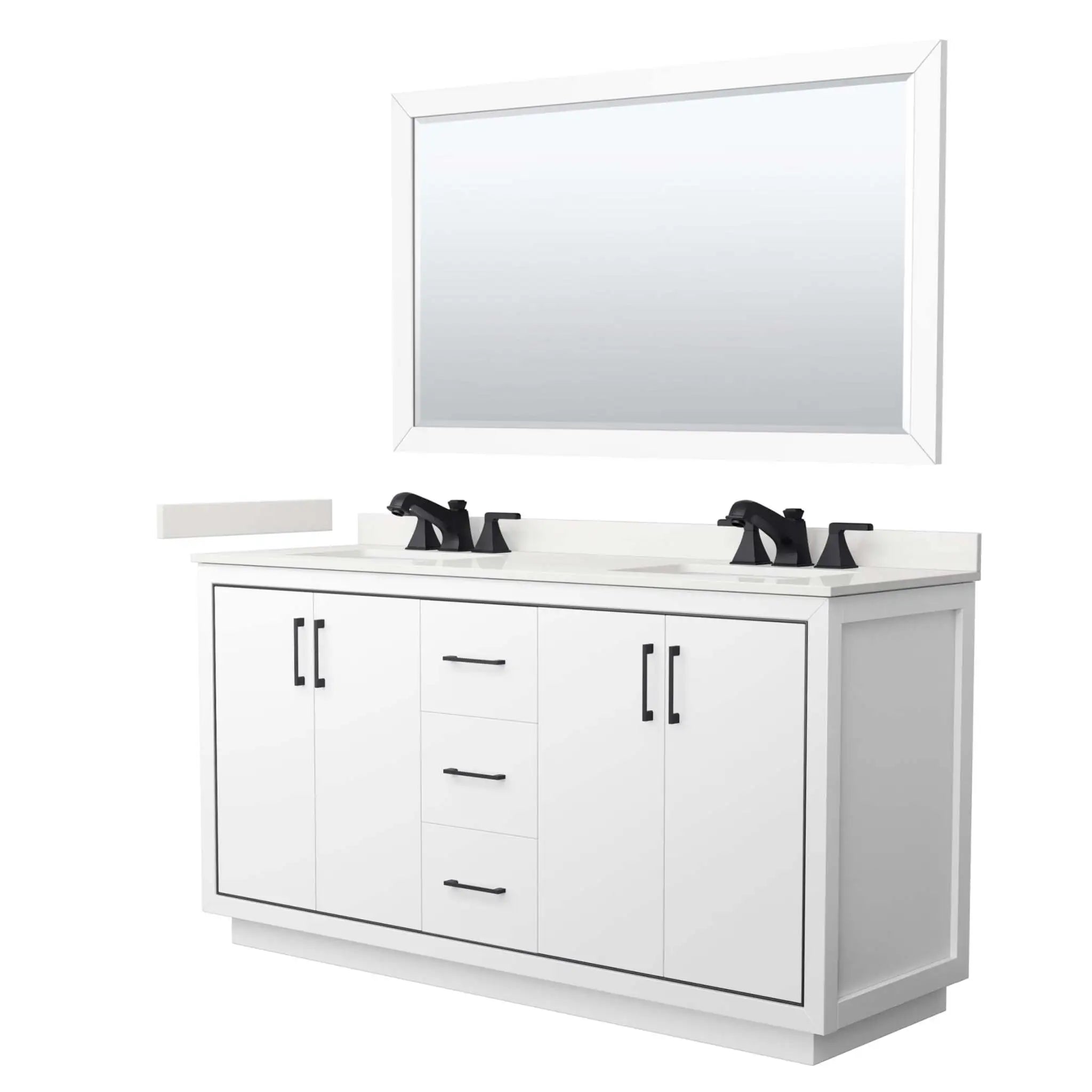 66" Icon Double Bathroom Vanity in White with Matte Black Trim & 58" Mirror by Wyndham