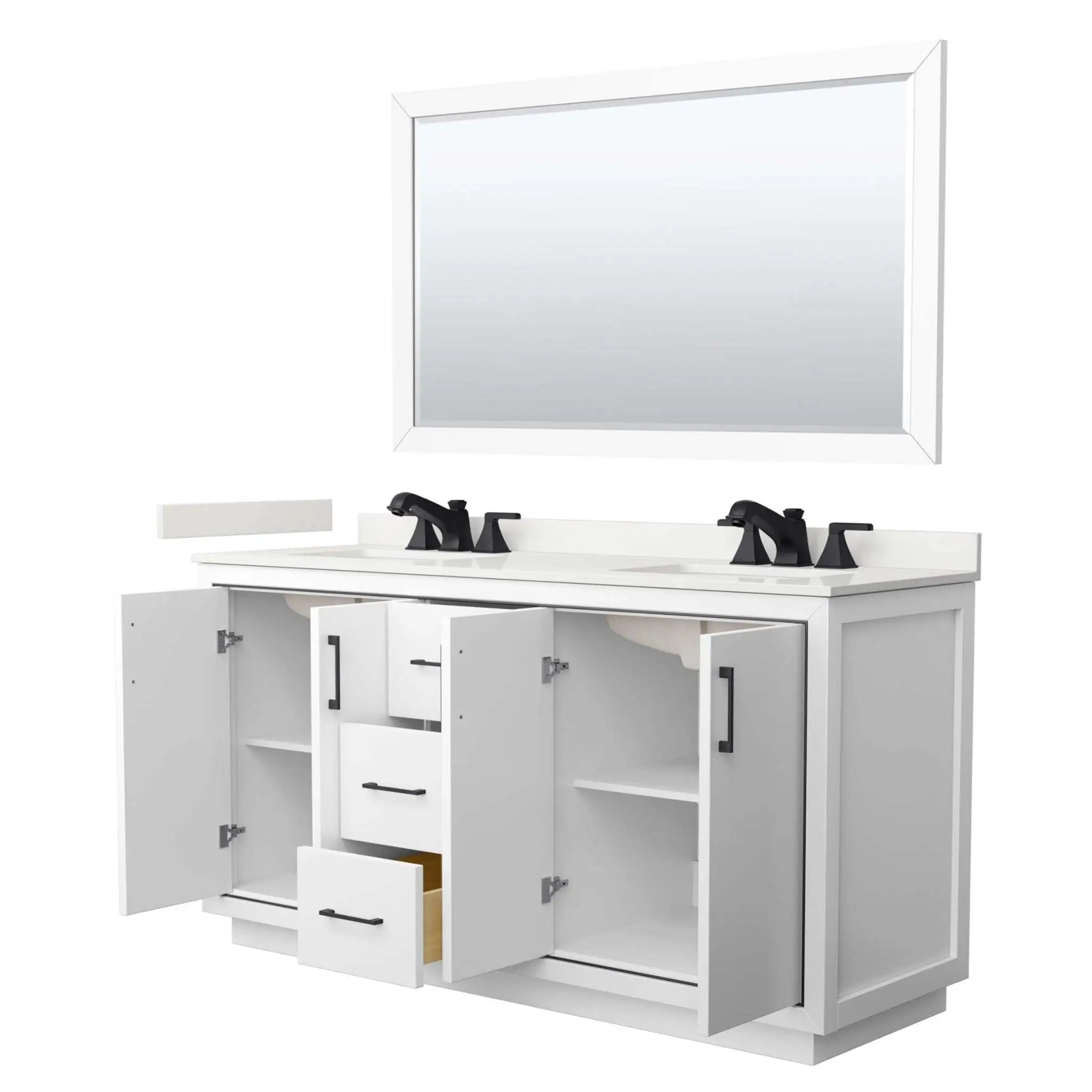 66" Icon Double Bathroom Vanity in White with Matte Black Trim & 58" Mirror by Wyndham